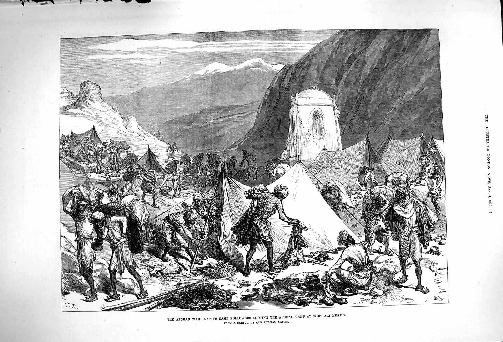 Original Old Antique Print 1879 Afghan War Native Camp Looting Camp Fort Musjid