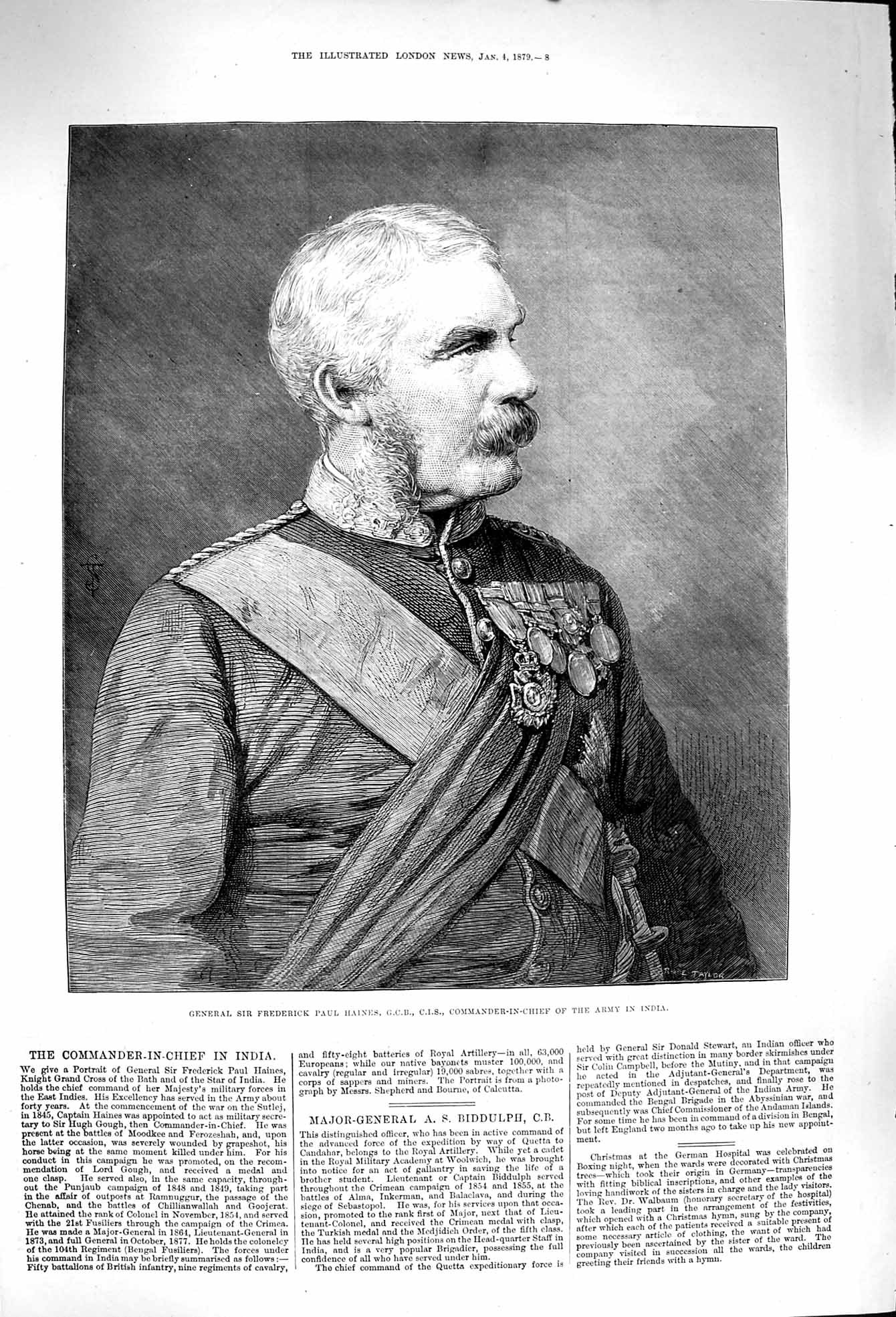 Old Antique Print 1879 Portrait General Frederick Paul Haines Army India 19th