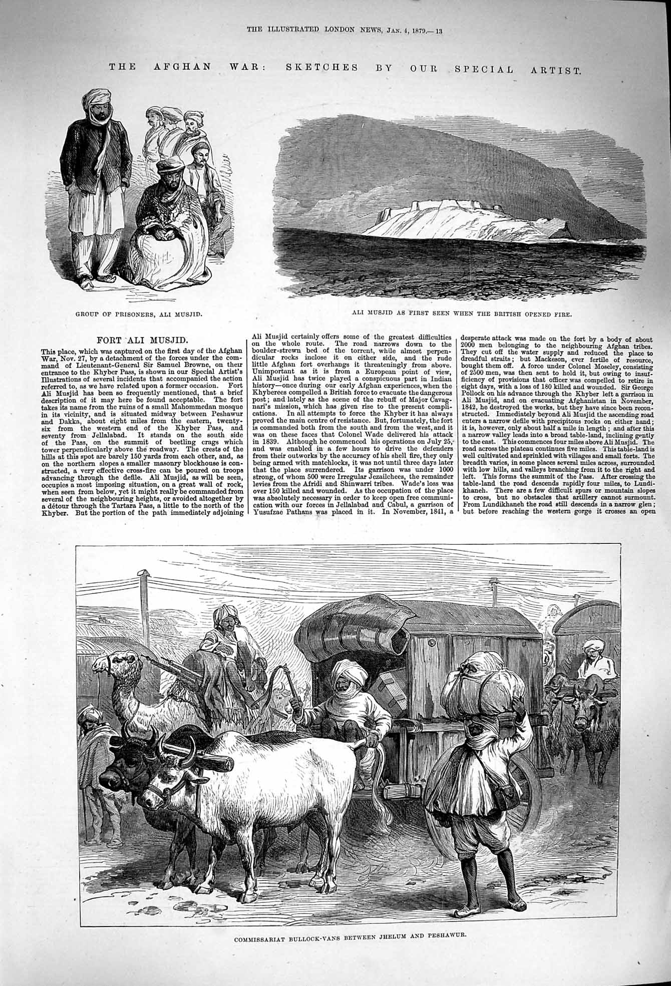 Original Old Antique Print 1879 Afghan War Ali Musjid Commissariat Bullock Vans