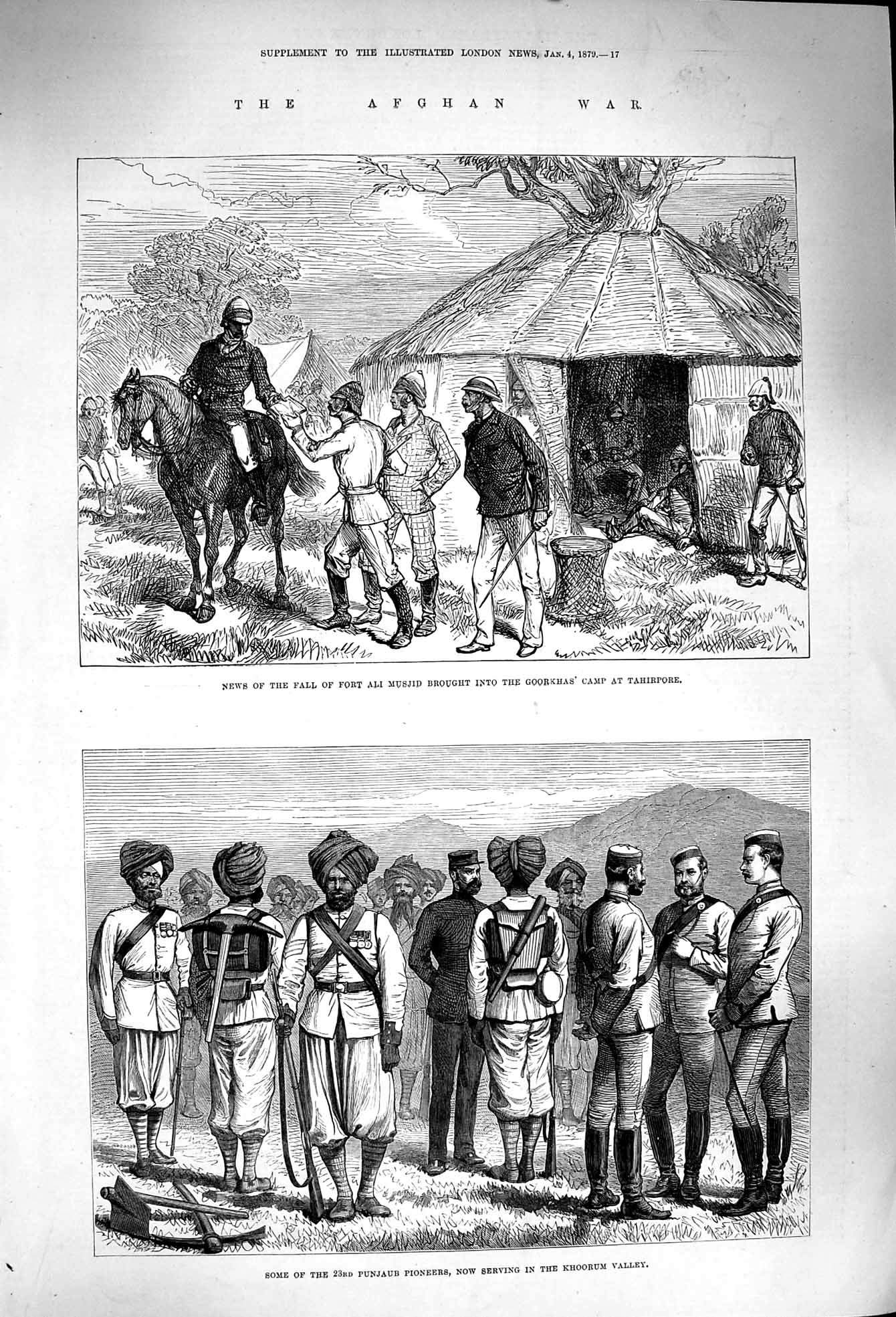 Original Old Antique Print 1879 Afghan War Ghoorkhas Camp Tahirpore Punjaub