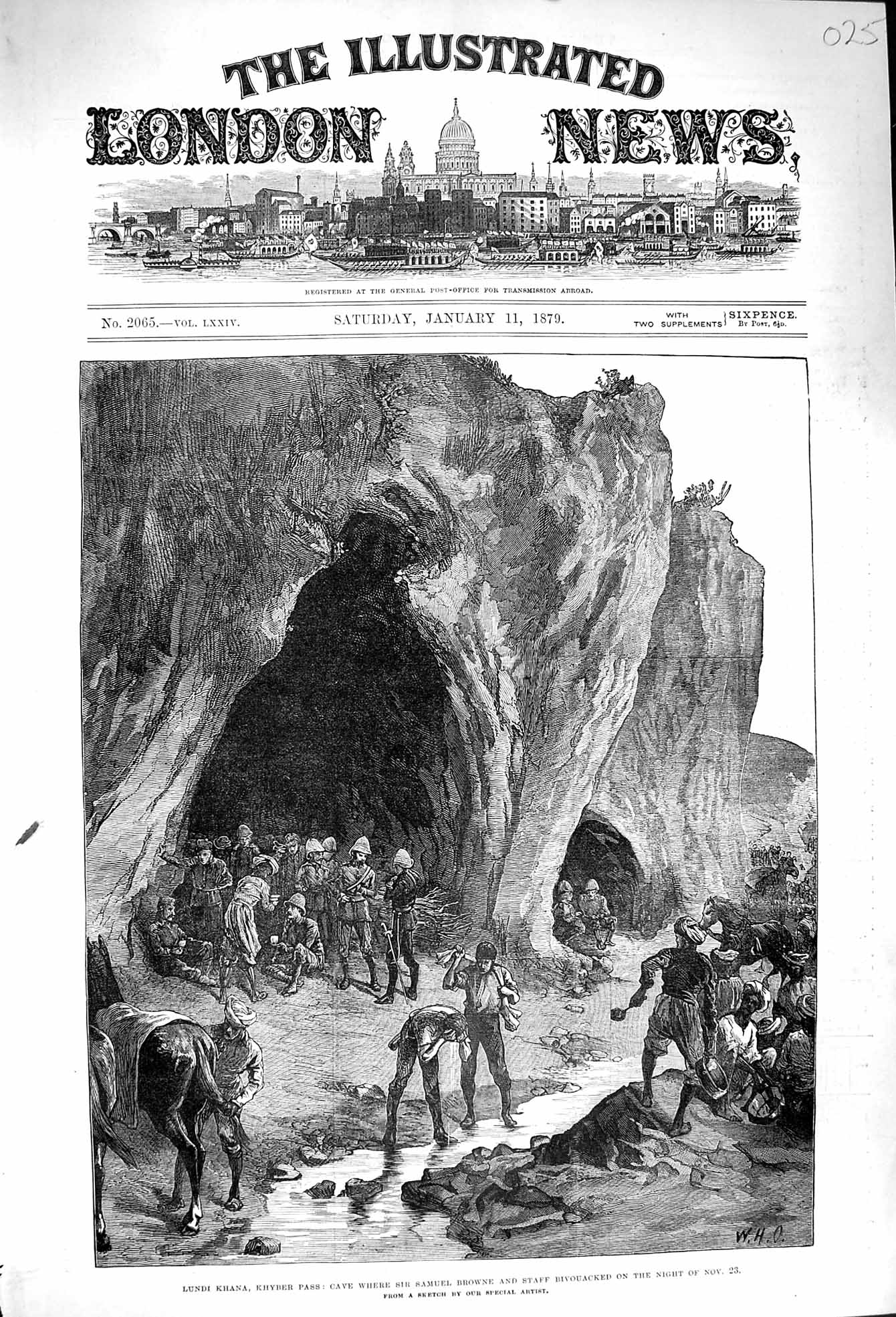 Old Antique Print 1879 Lundi Khana Khyber Pass Cave Samuel Browne Staff 19th