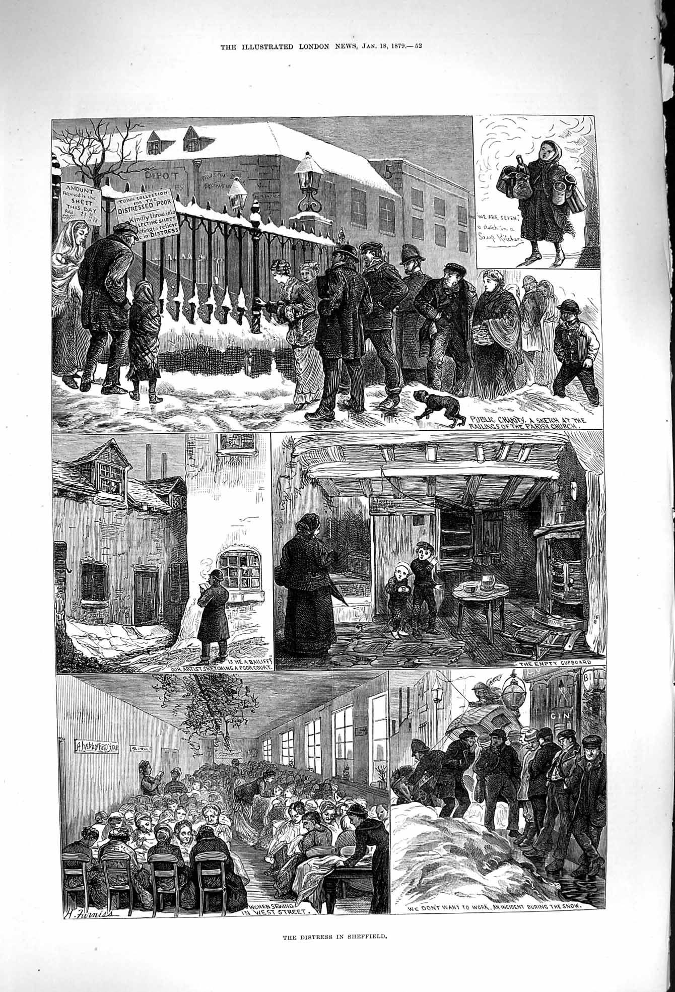 Original Old Antique Print 1879 Distress Sheffield Parish Church Women Victorian