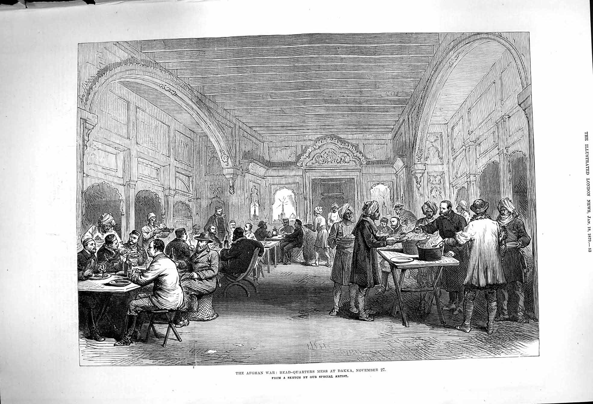 Original Old Antique Print 1879 Afghan War Head-Quarters Mess Dakka Men Meeting