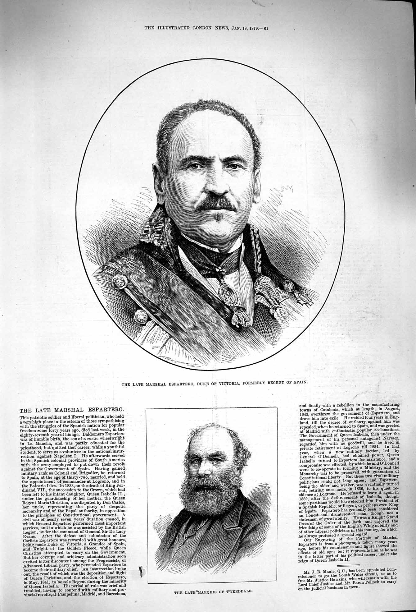 Old Antique Print 1879 Marshal Espartero Duke Vittoria Marquis Tweeddale 19th