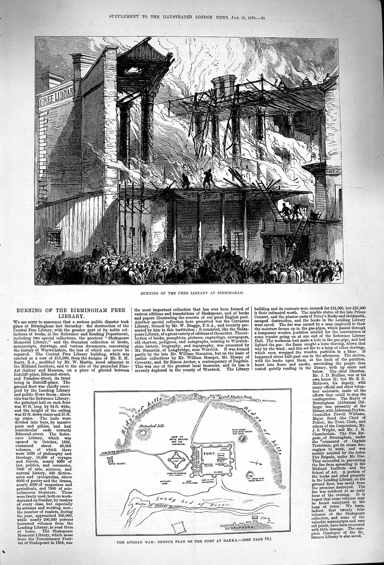 Old Antique Print 1879 Fire Free Library Birmingham Afghan War Plan Dakka 19th