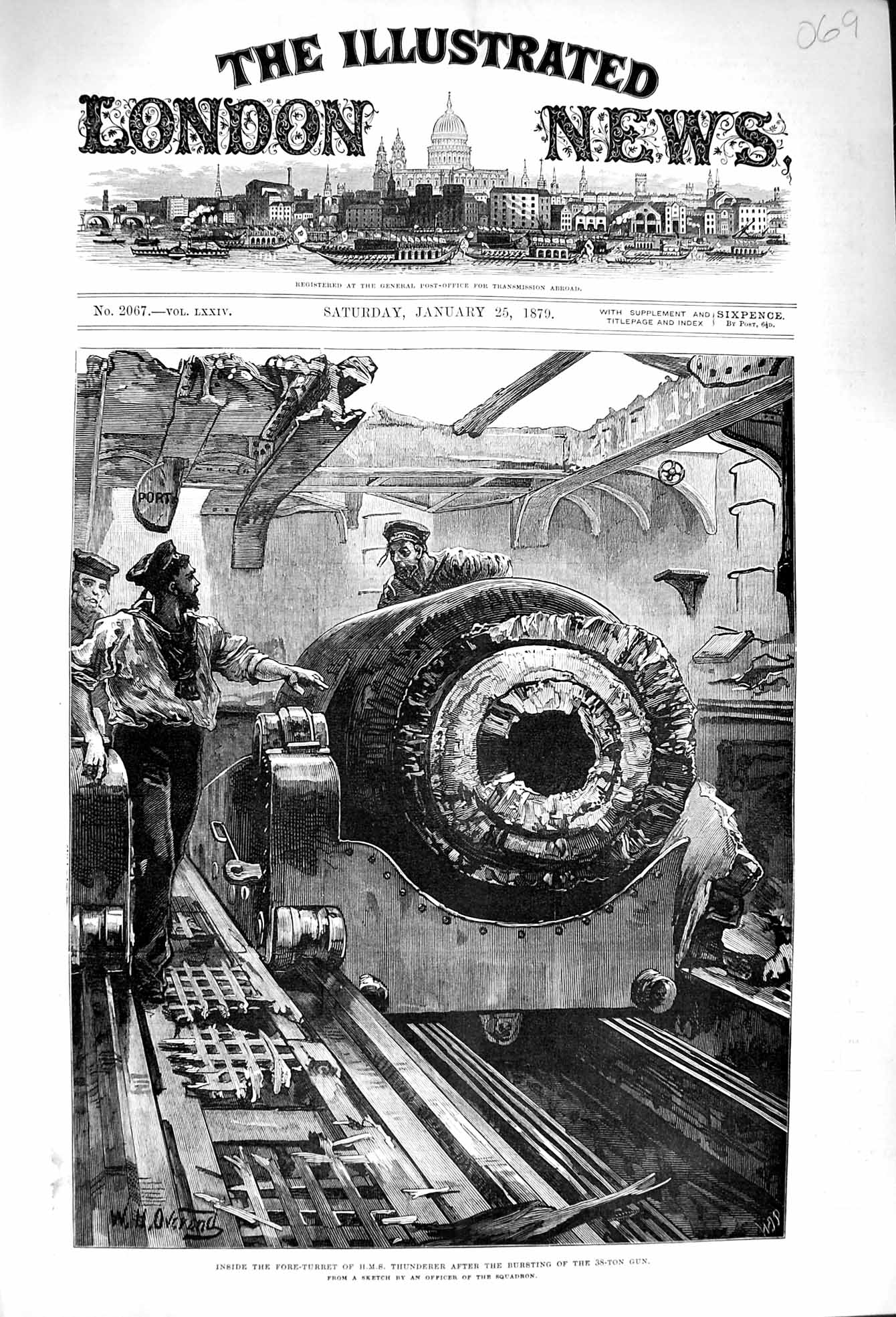 Old Antique Print 1879 Fore-Turret Ship Thunderer Bursting 38-Ton Gun War 19th