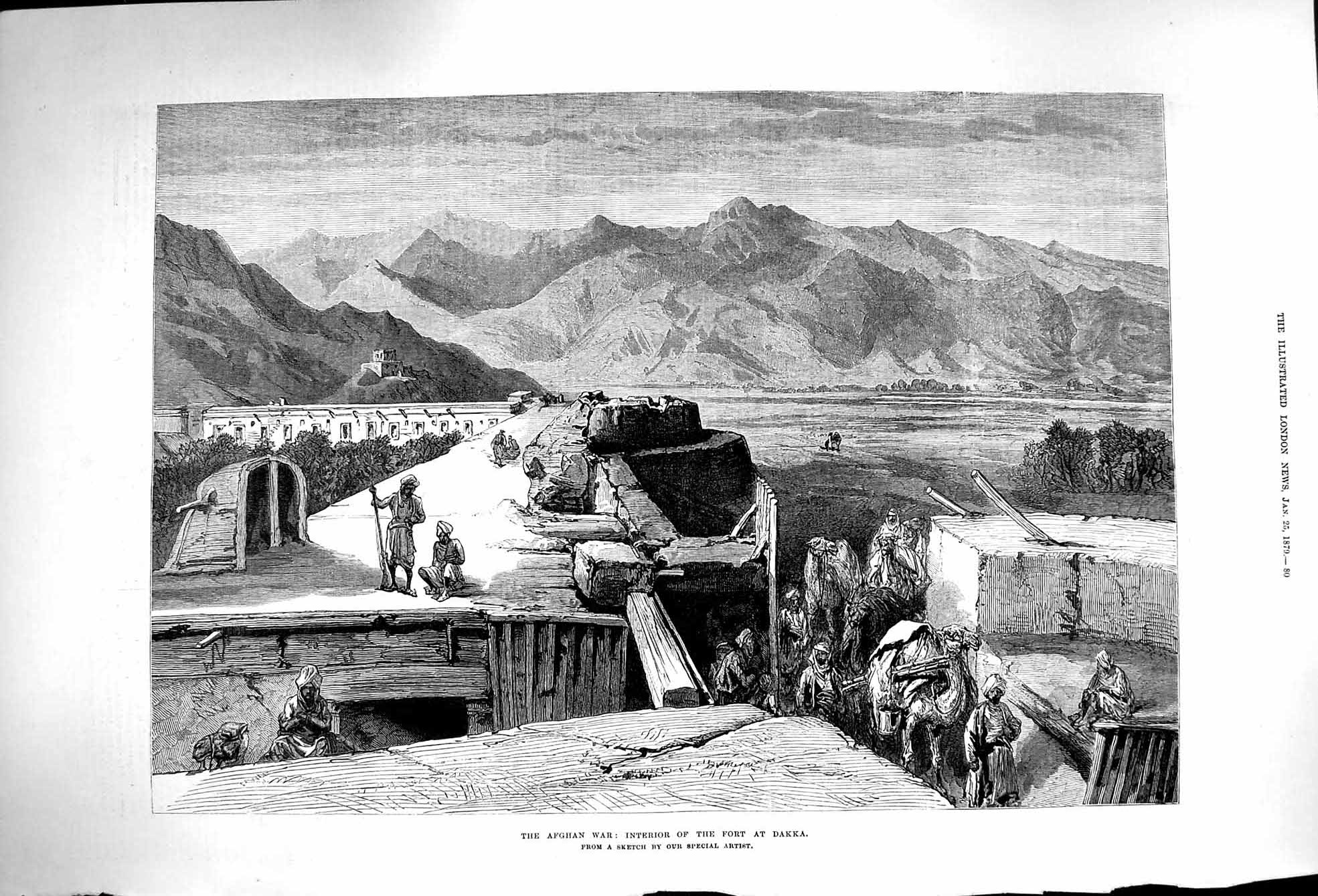 Original Old Antique Print 1879 Afghan War Interior Fort Dakka Mountains Army