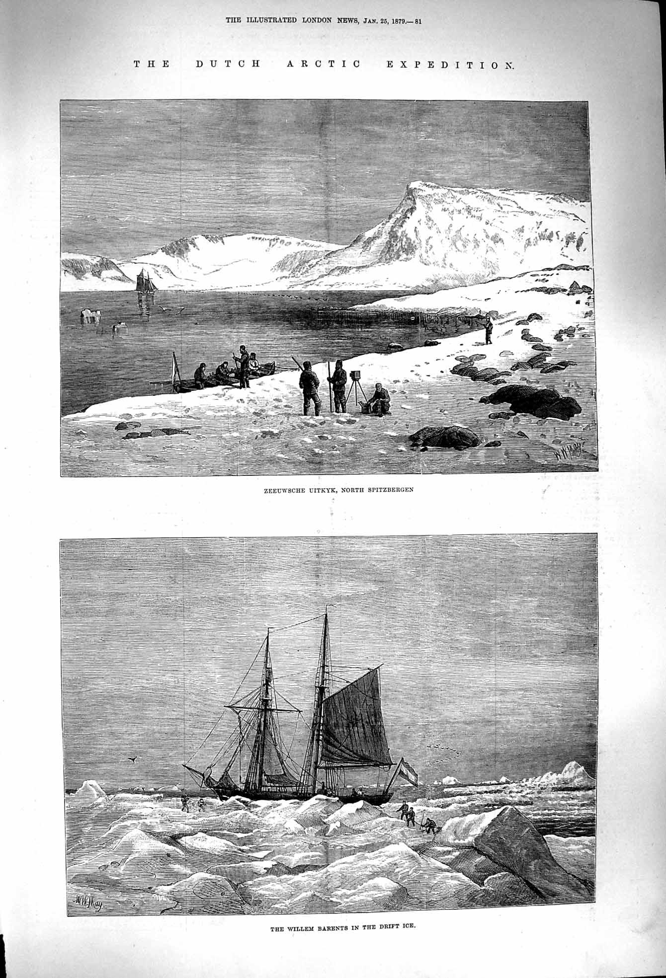 Original Old Antique Print 1879 Dutch Arctic Zeeuwsche Uitkyk Spitzbergen 19th