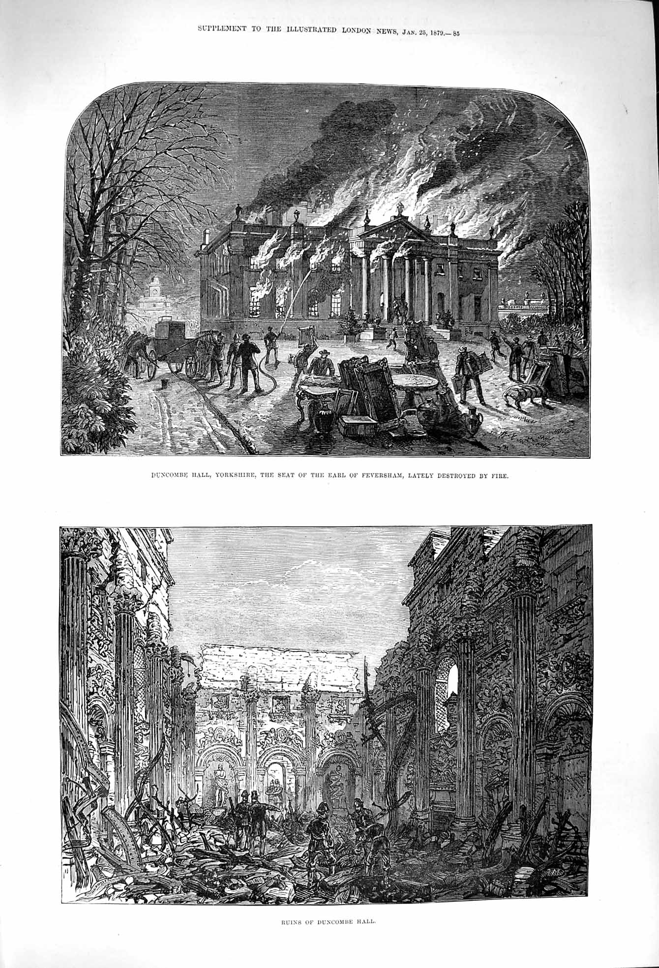 Original Old Antique Print 1879 Duncombe Hall Yorkshire Earl Feversham Fire