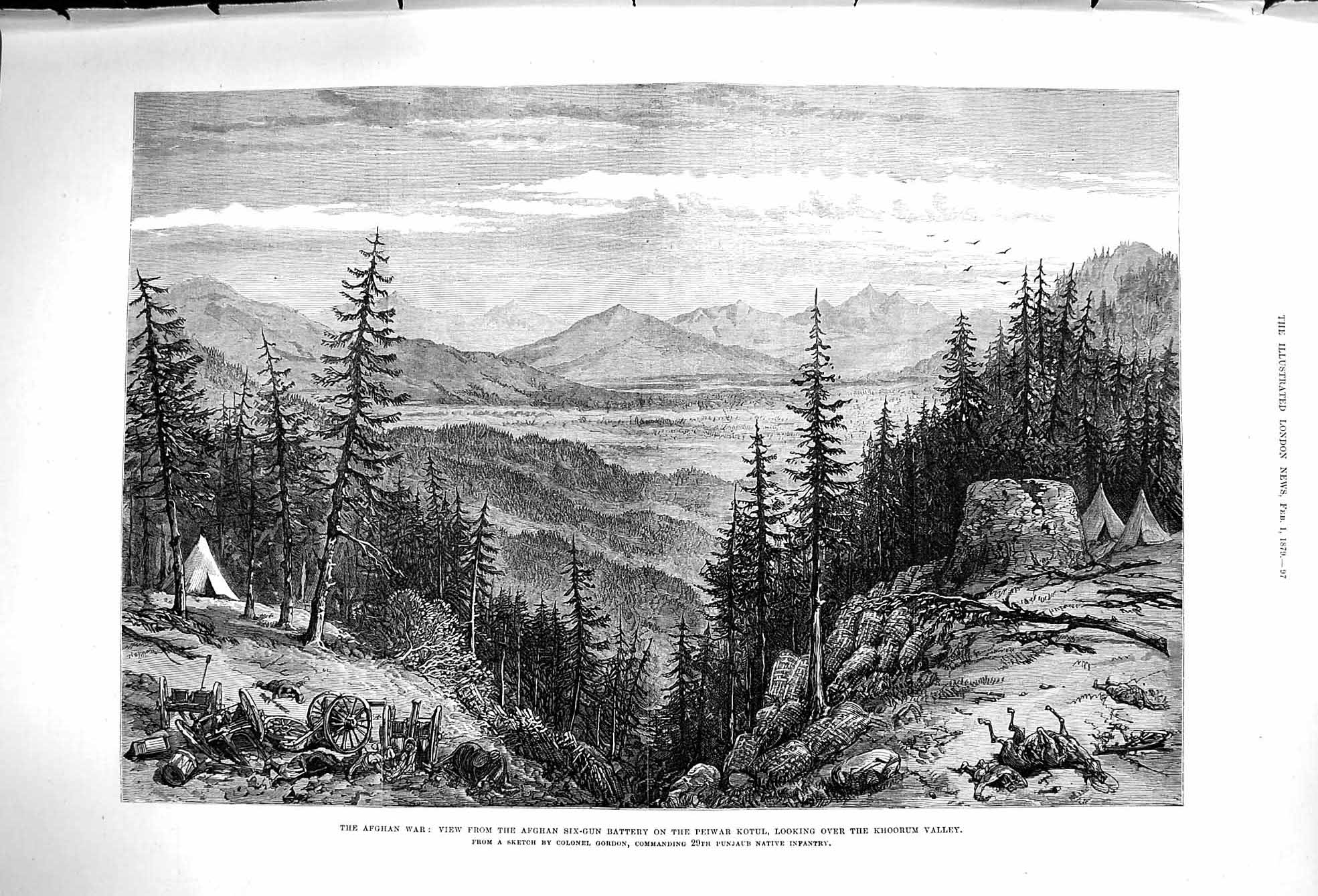 Original Old Antique Print 1879 Afghan War Six-Gun Battery Peiwar Kotul Khoorum