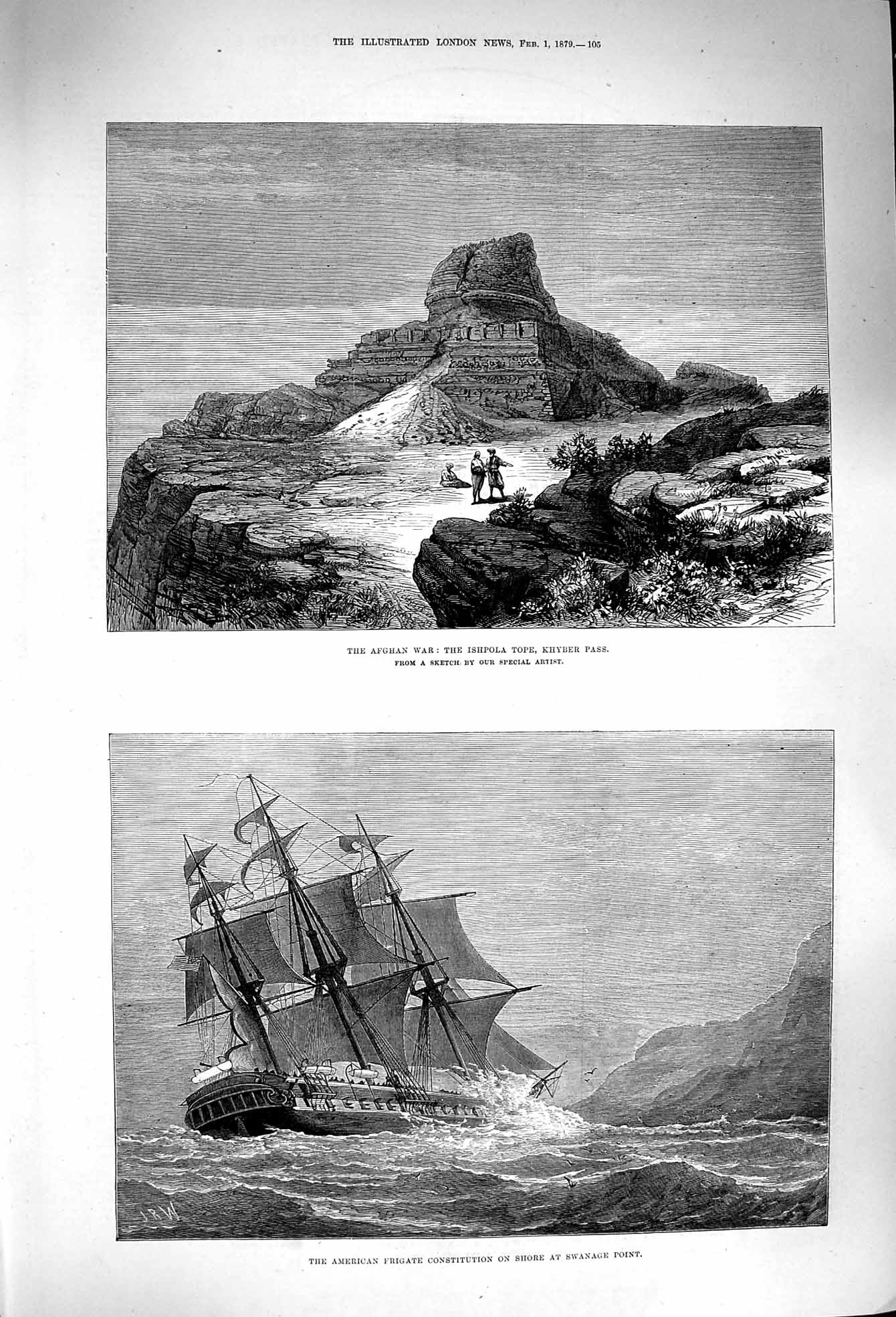Old Antique Print 1879 Afghan War Ishpola Tope Khyber Ship Constitution 19th