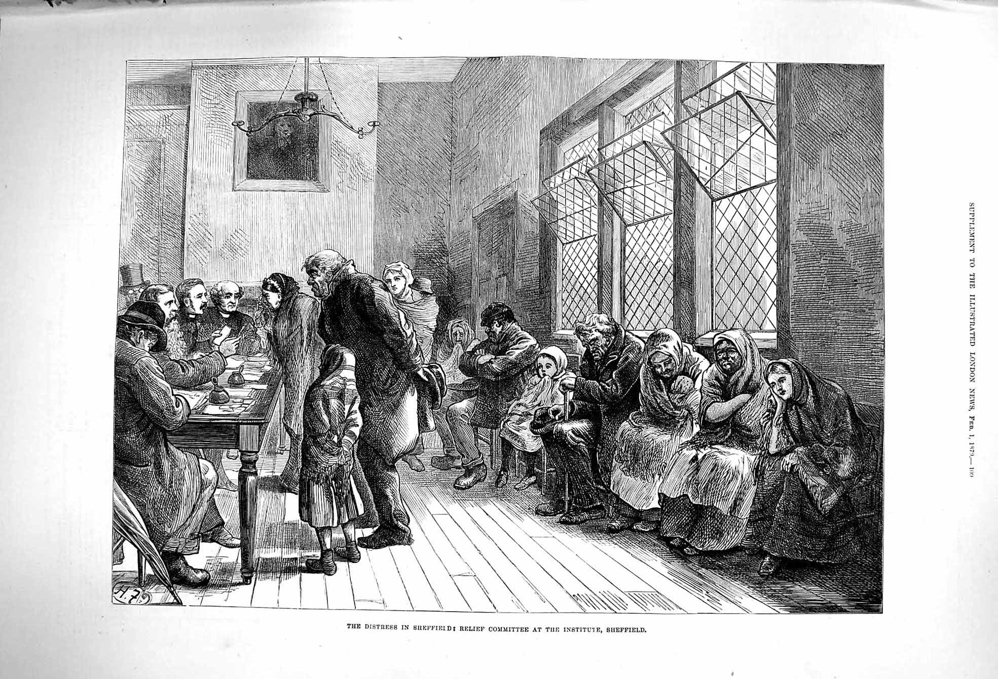 Original Old Antique Print 1879 Distress Sheffield Committee Institute People