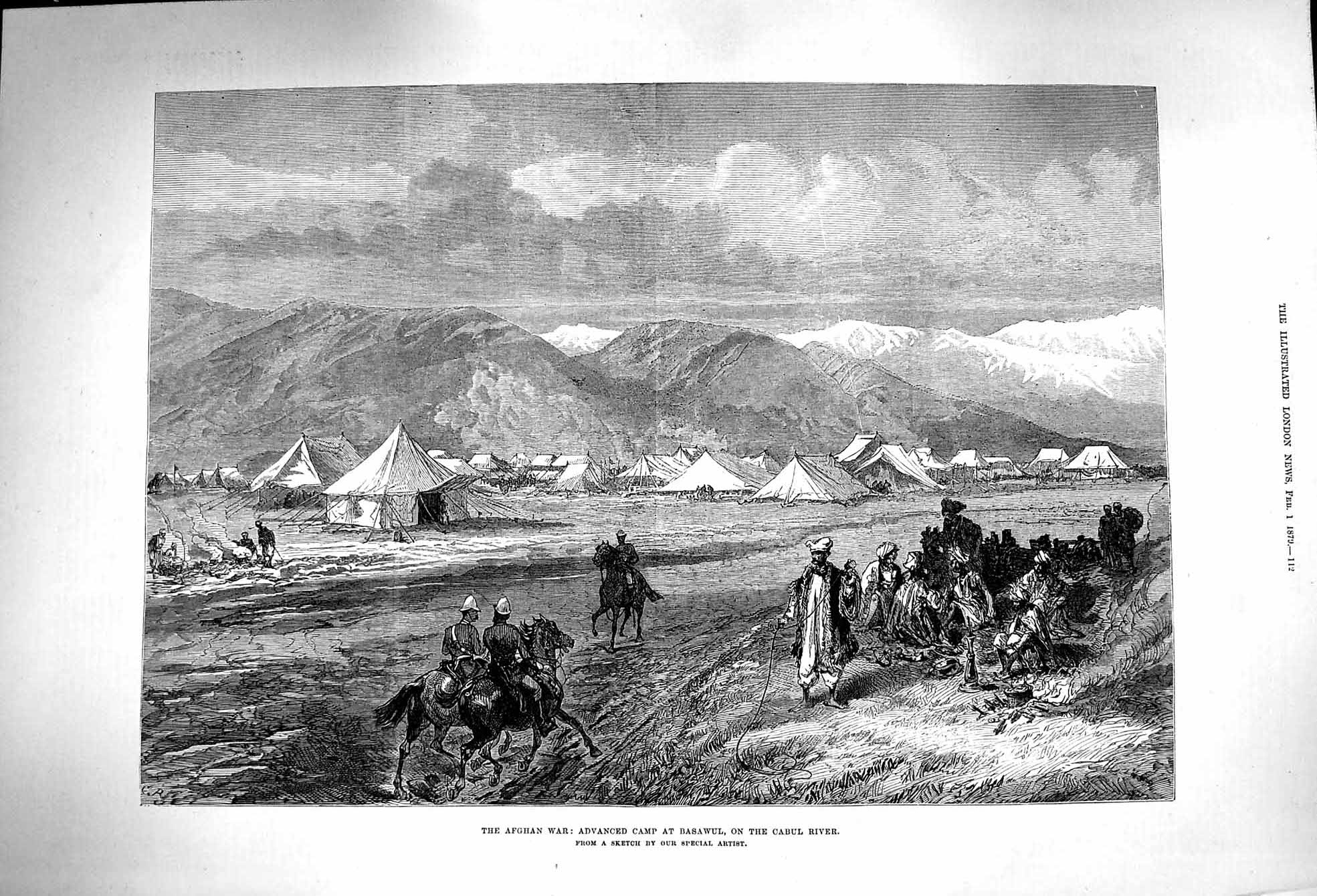 Original Old Antique Print 1879 Afghan War Camp Basawul Cabul River Mountains
