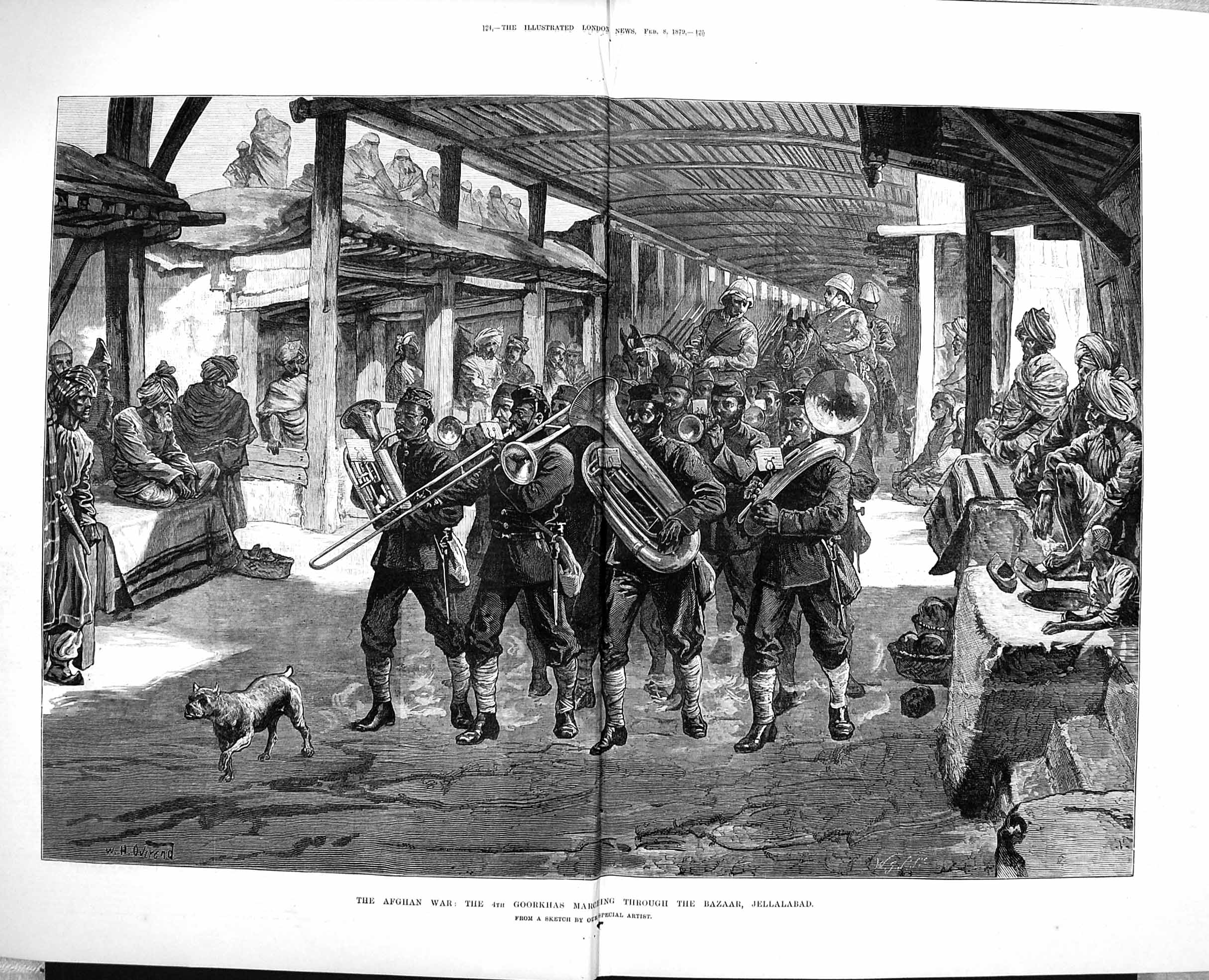 Old Antique Print 1879 Afghan War Ghoorkhas Marching Bazaar Jellalabad 19th