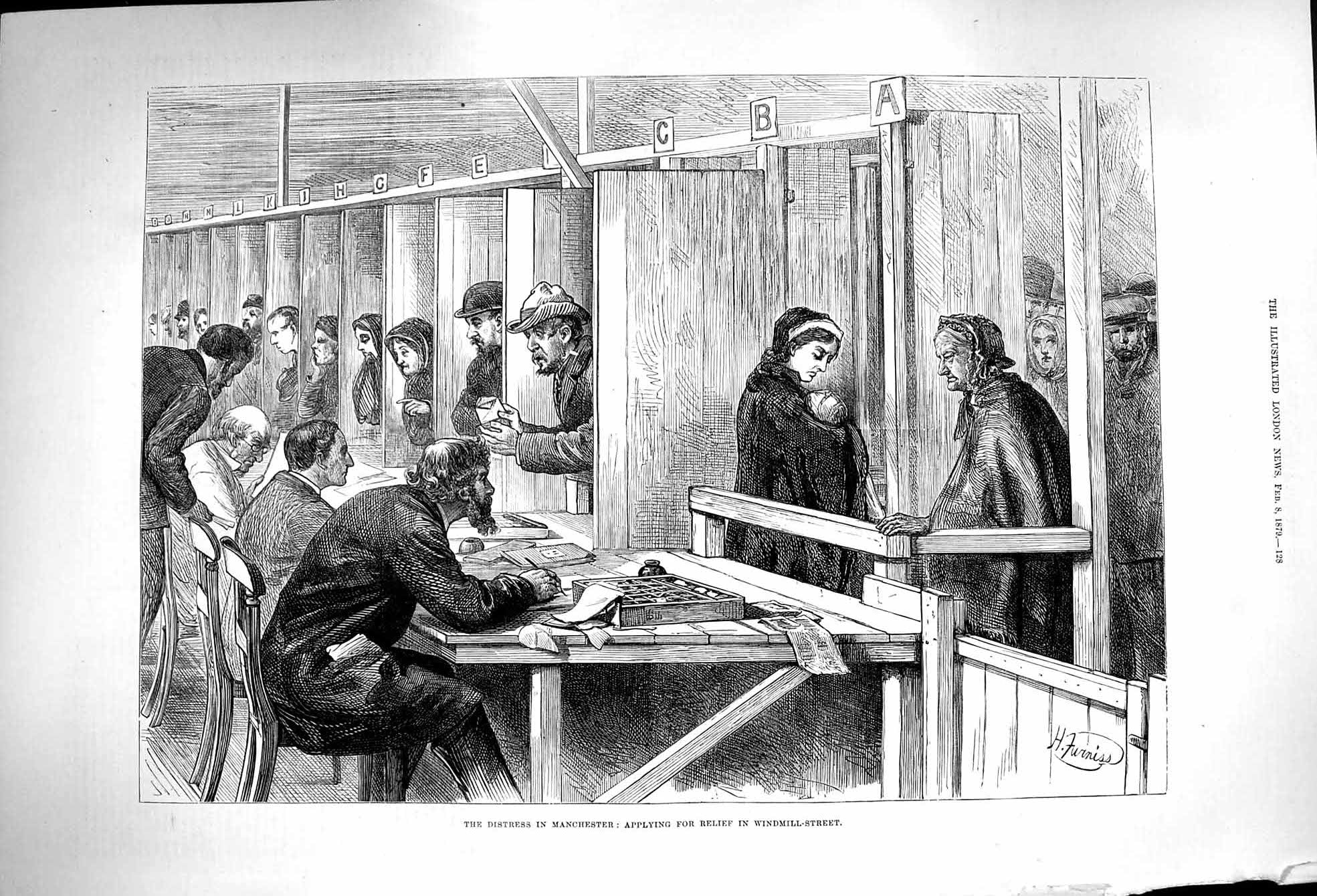 Old Antique Print 1879 Distress Manchester Applying Relief Windmill Stree 19th