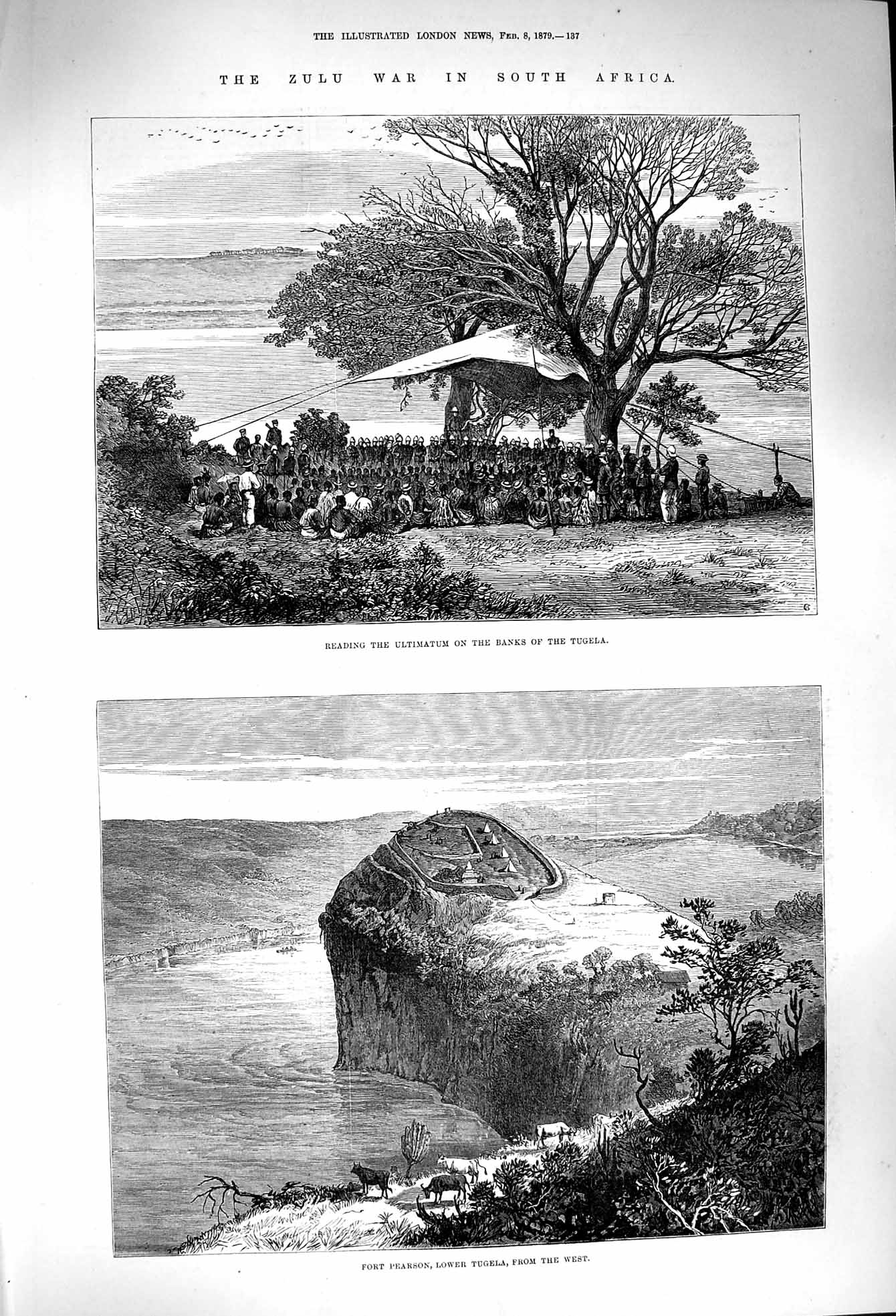 Original Old Antique Print 1879 Zulu War Africa River Tugela Fort Pearson Siers