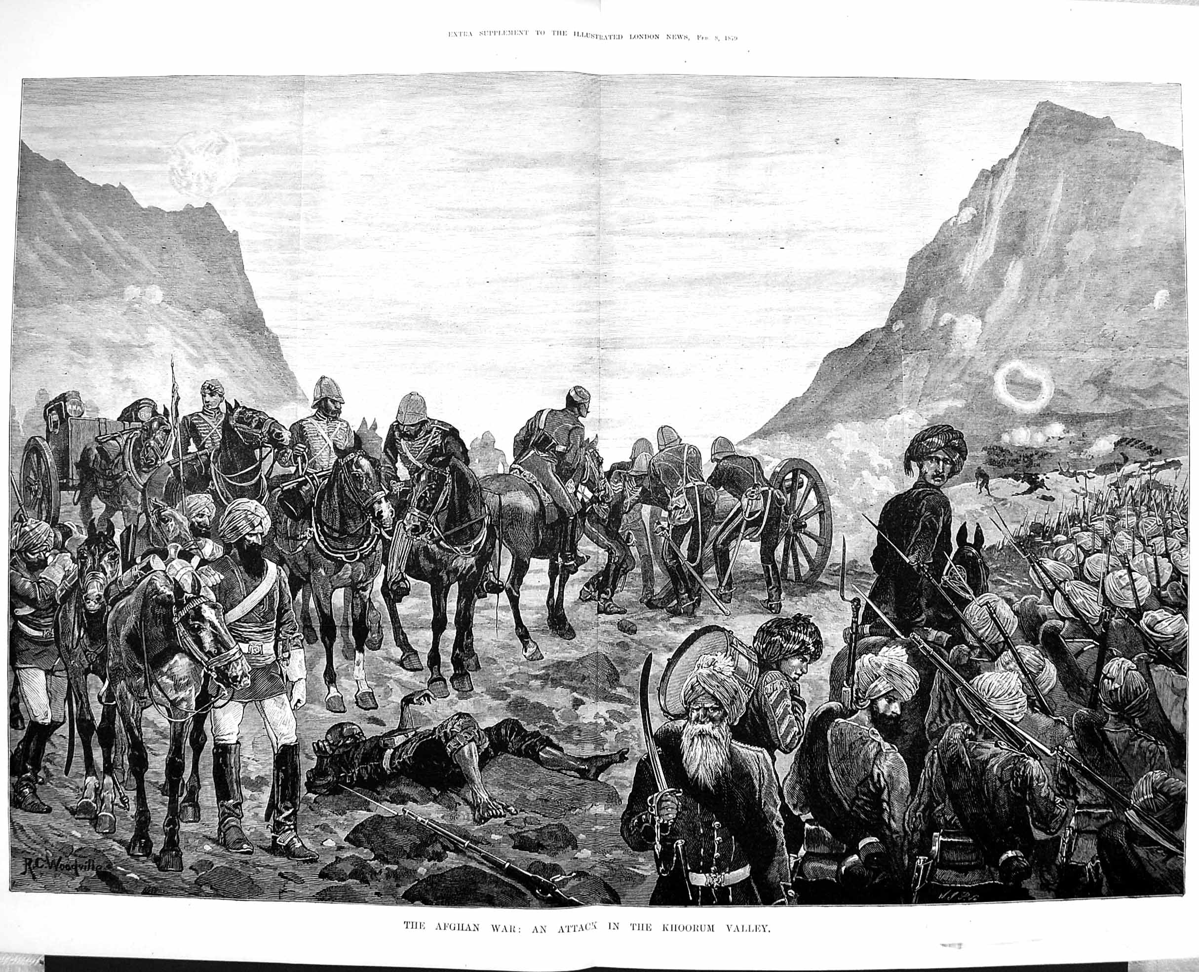 Original Old Antique Print 1879 Afghan War Attack Khoorum Valley Siers Horses
