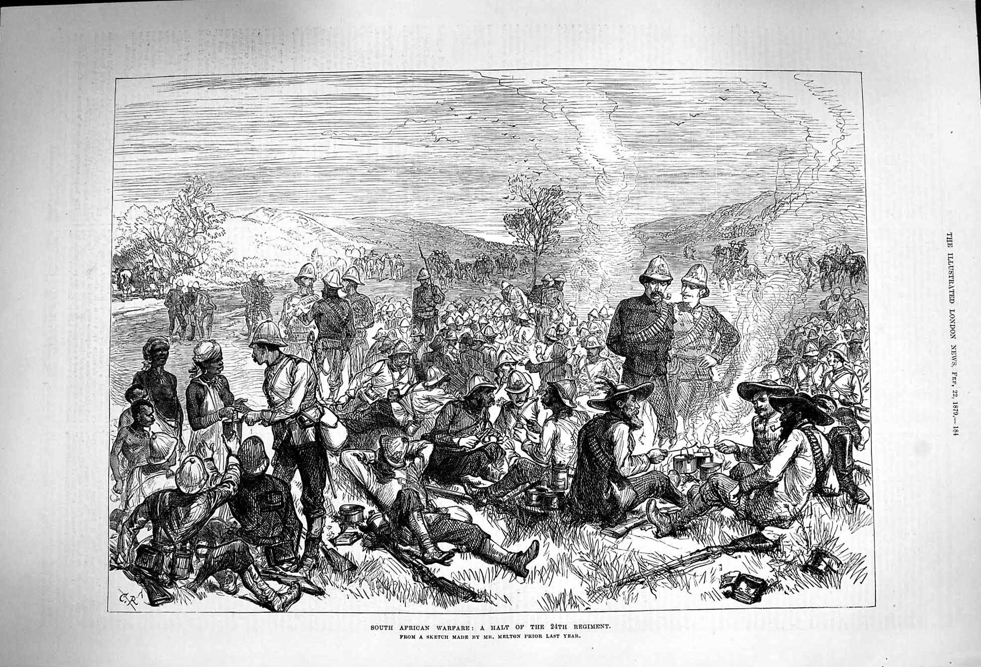 Original Old Antique Print 1879 South African Warfare Siers Halt 24Th Regiment