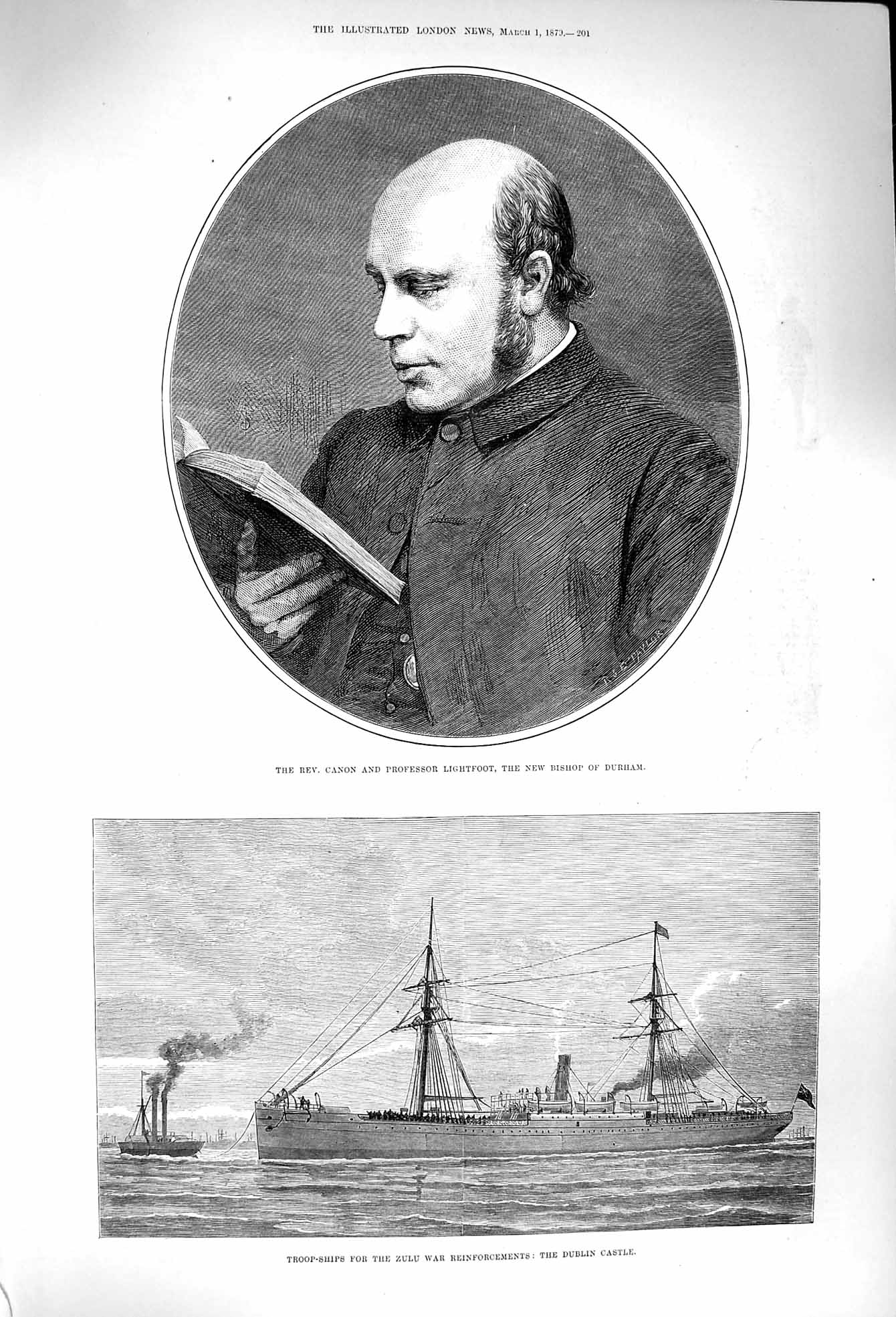 Old Antique Print 1879 Canon Lightfoot Bishop Durham Ship Dublin Castle 19th