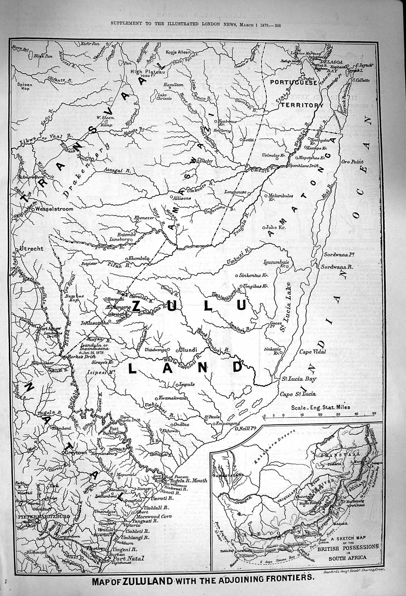 Original Old Antique Print 1879 Map Zululand Transvaal Matal Cape Colony 19th
