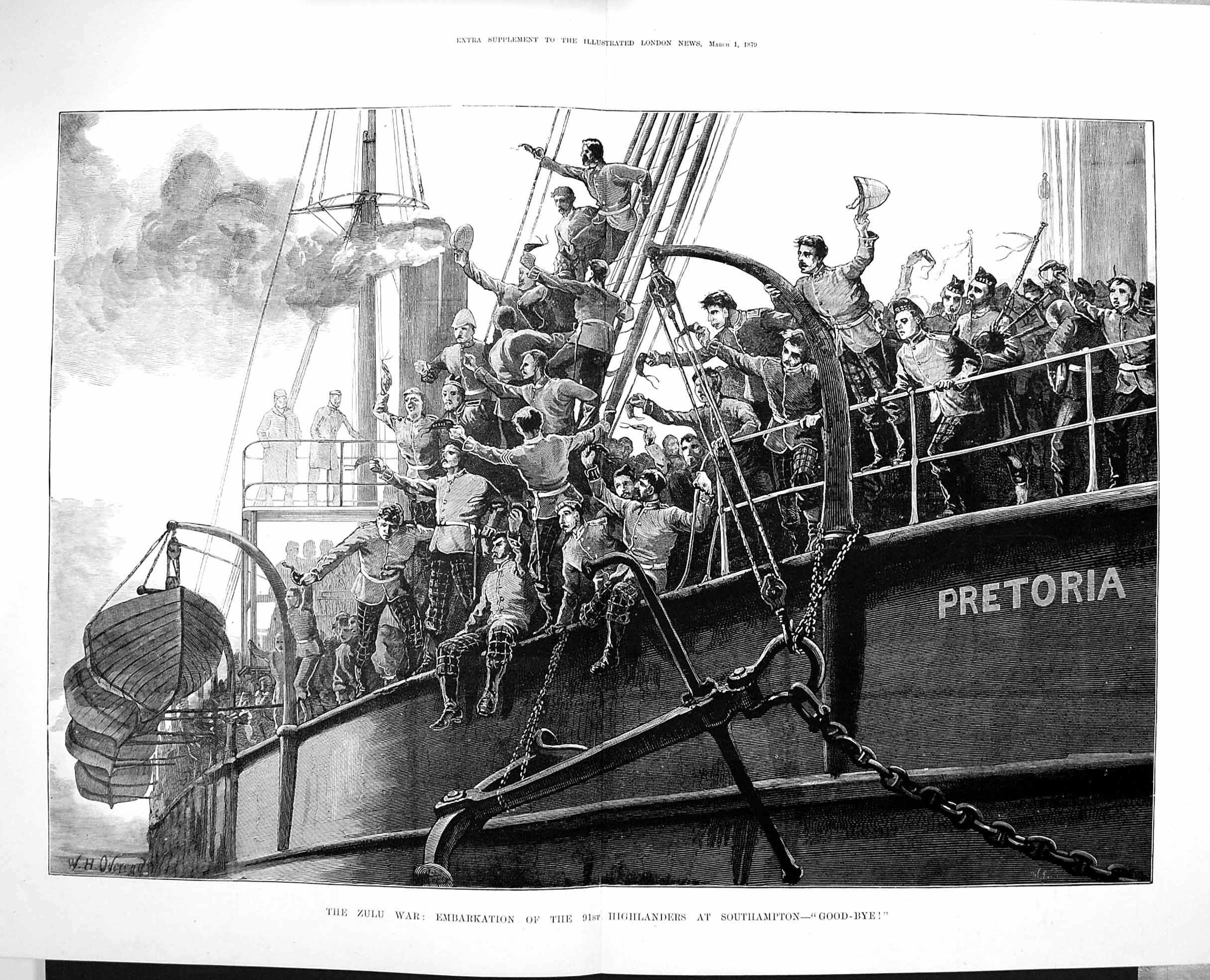 Antique Print *3263 1879 Zulu War Ship Embarkation Highlanders Southampton
