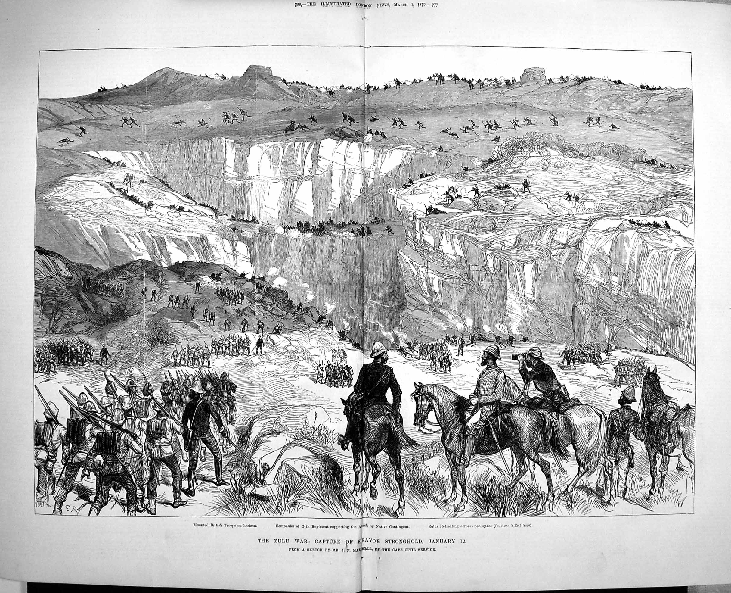 Original Old Antique Print 1879 Zulu War Capture Sirayo StronghBritish Army