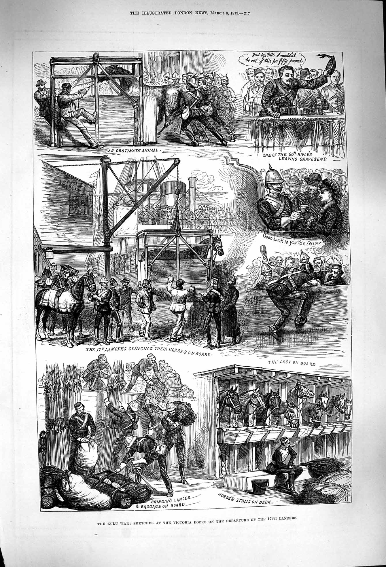 Old Antique Print *3258 1879 Zulu War Victoria Docks Lancers Siers Horses