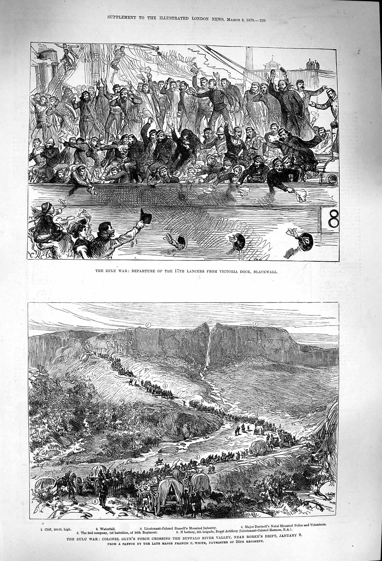 Old Antique Print 1879 Zulu War Lancers Victoria Blackwall Glyn Buffalo 19th
