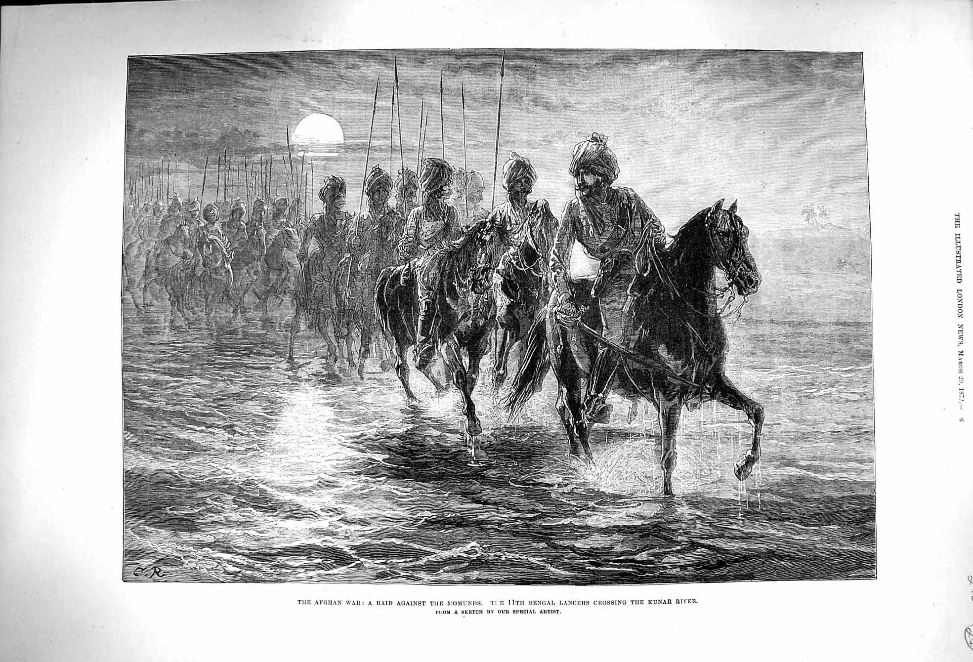 Original Old Antique Print 1879 Afghan War Raid Momunds Bengal Lancers Kuna 19th
