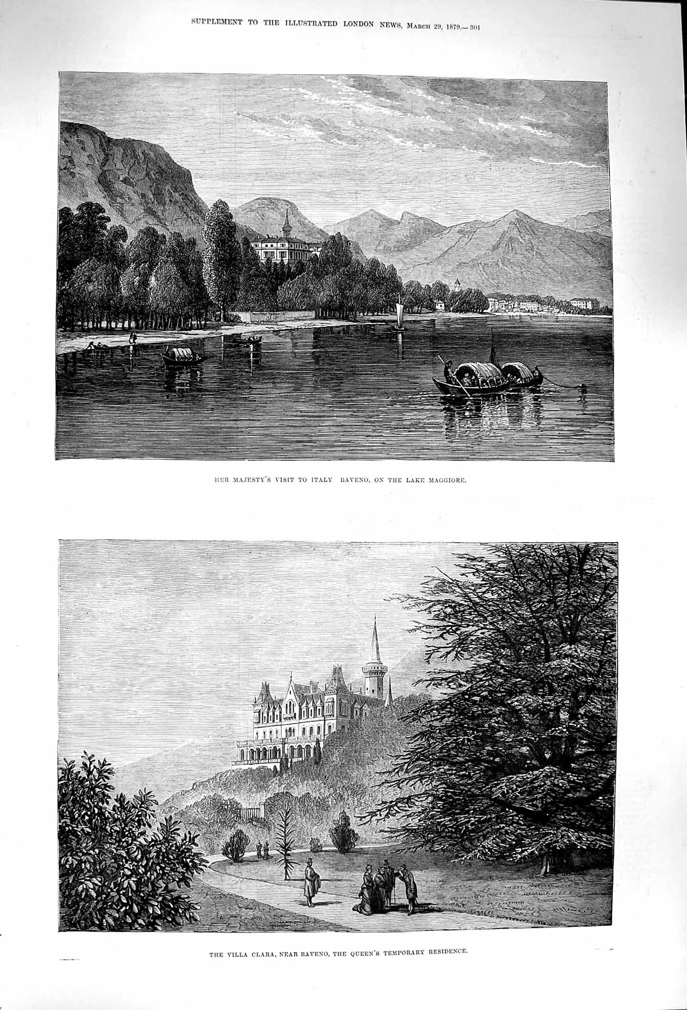 Original Old Antique Print 1879 Queen Italy Baveno Lake Maggiore Villa Clara