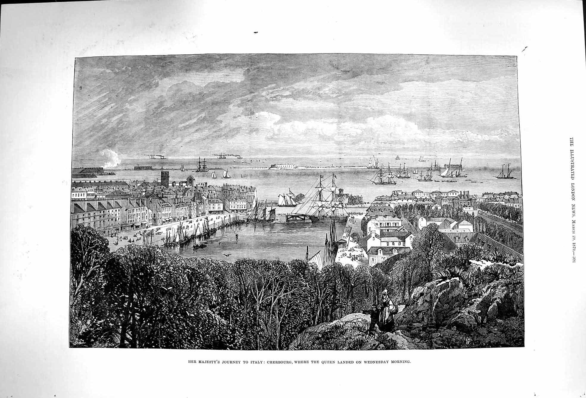 Old Antique Print 1879 Queen Journey Italy Cherbourg Ships Harbour Houses 19th
