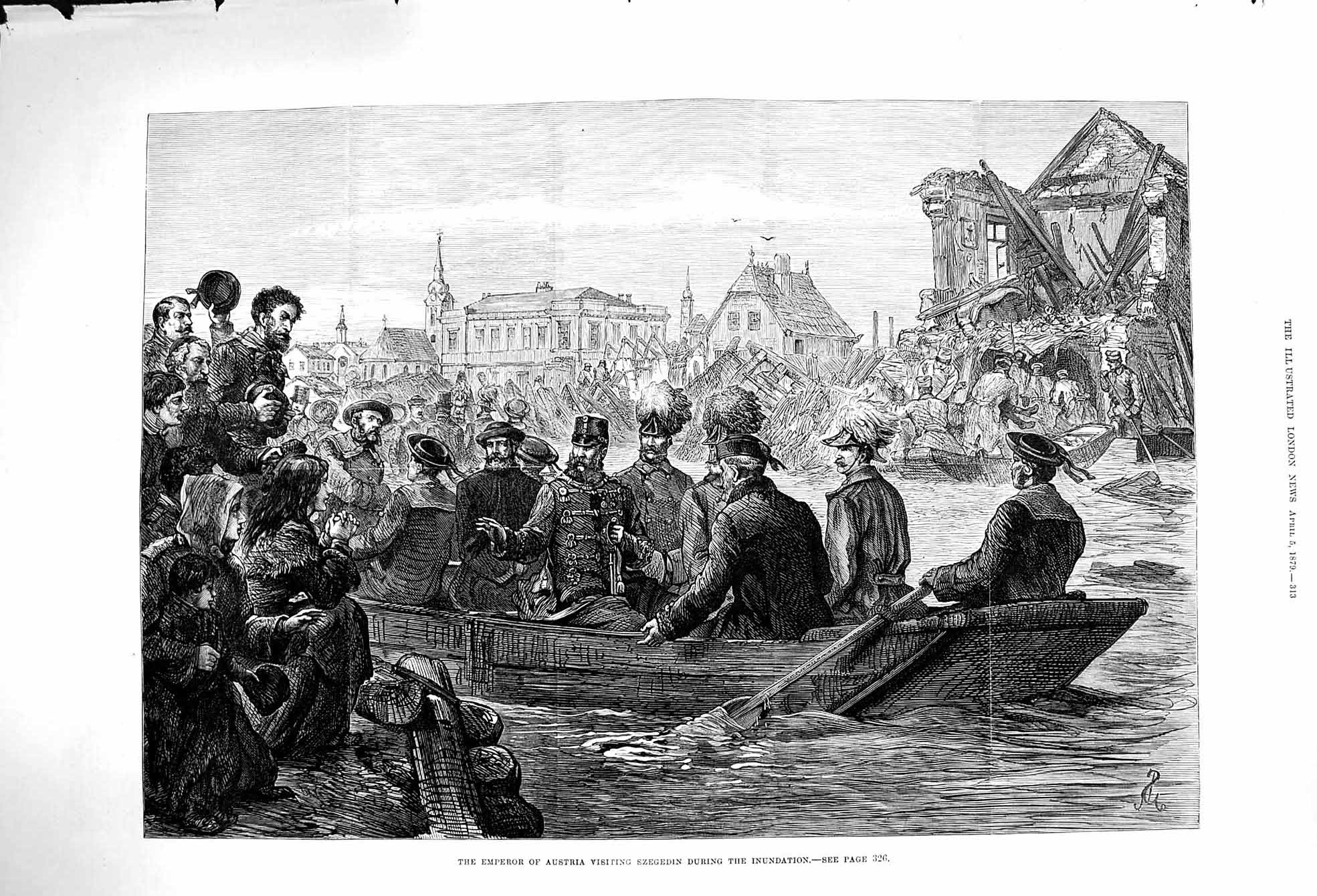 Old Antique Print 1879 Emperor Austria Szegedin Floods Boat River Hungary 19th