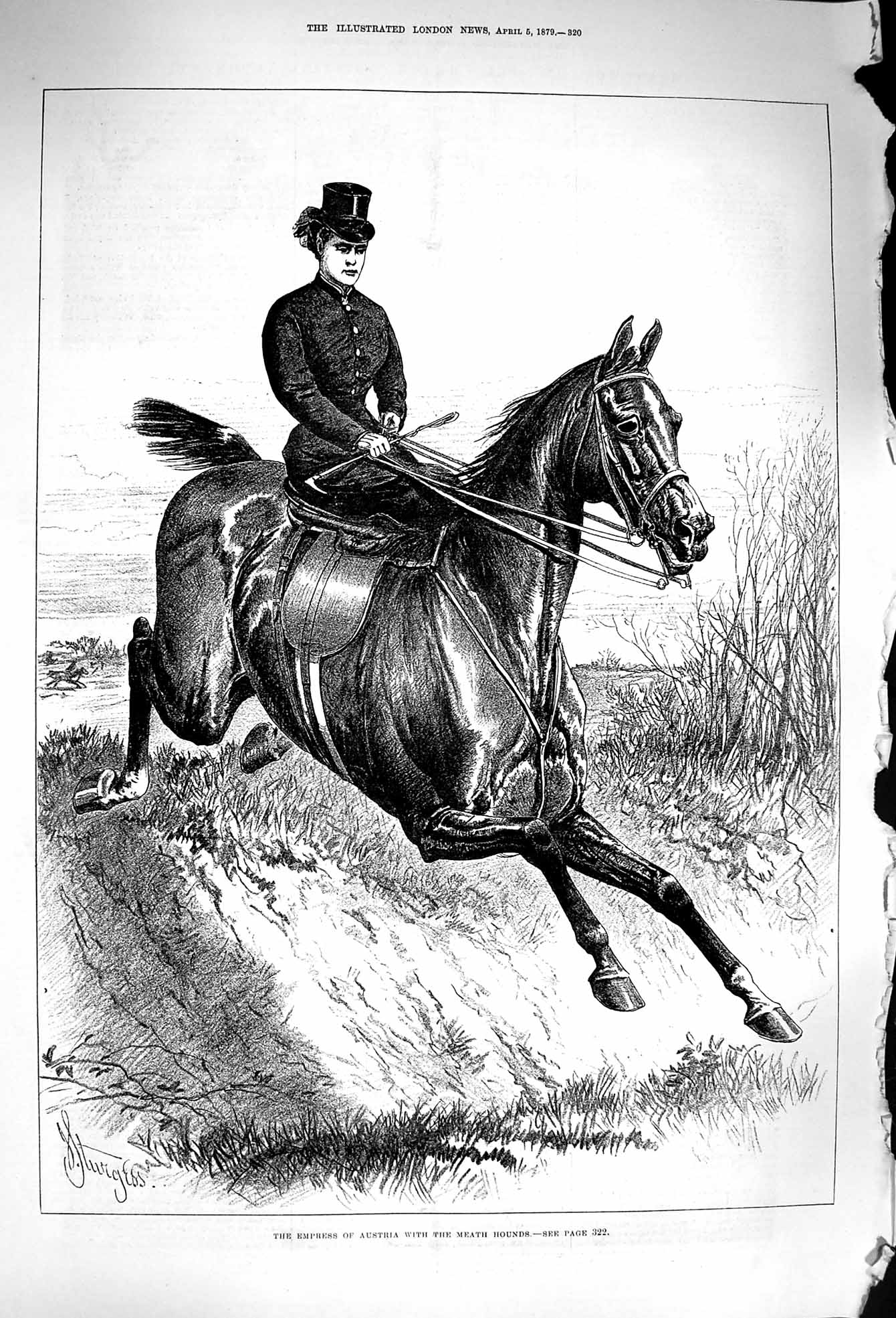 Original Old Antique Print 1879 Empress Austria Meath Hounds Huntin Victorian