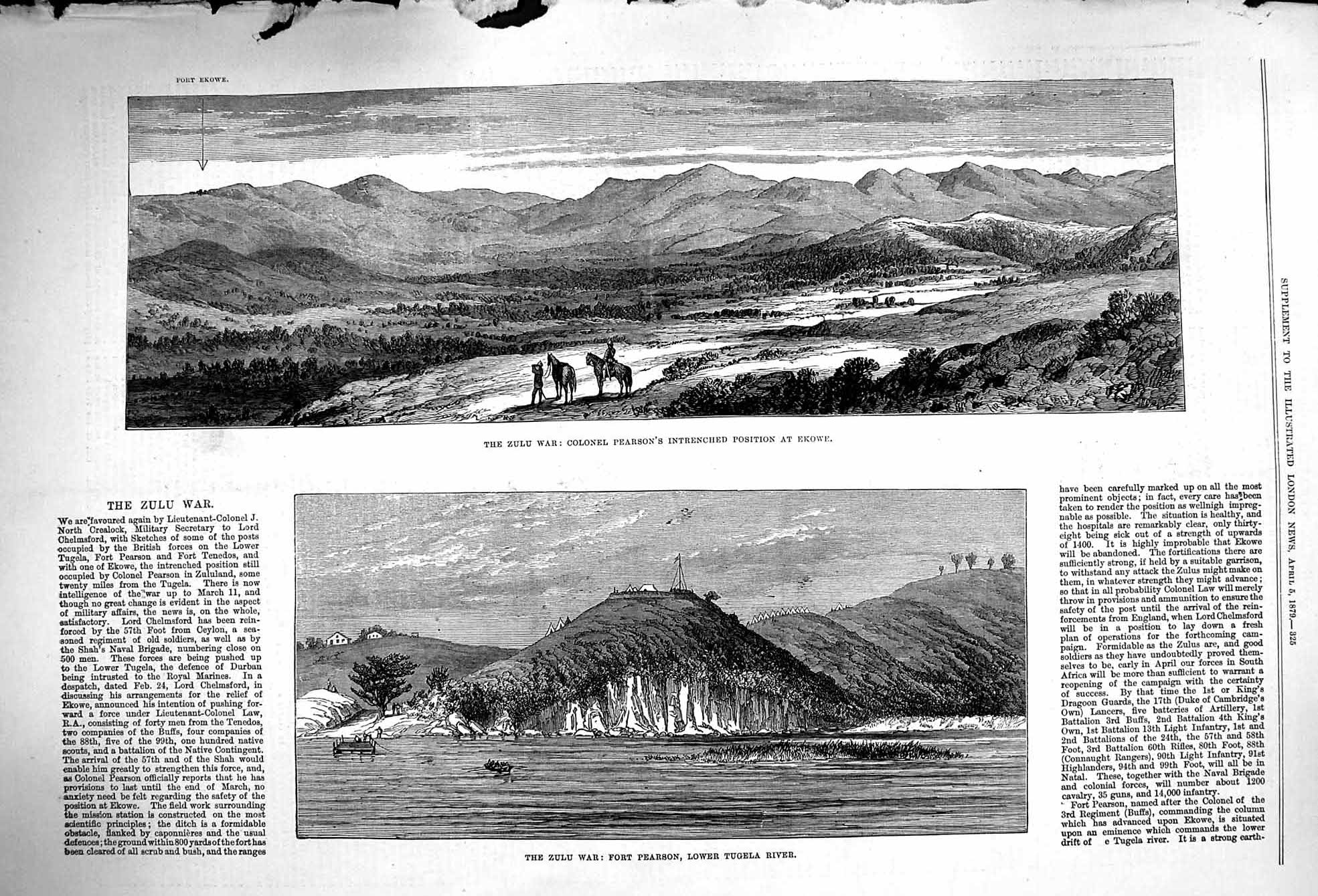 Old Antique Print 1879 Zulu War Pearson Ekowe Fort Pearson Tugela River 19th