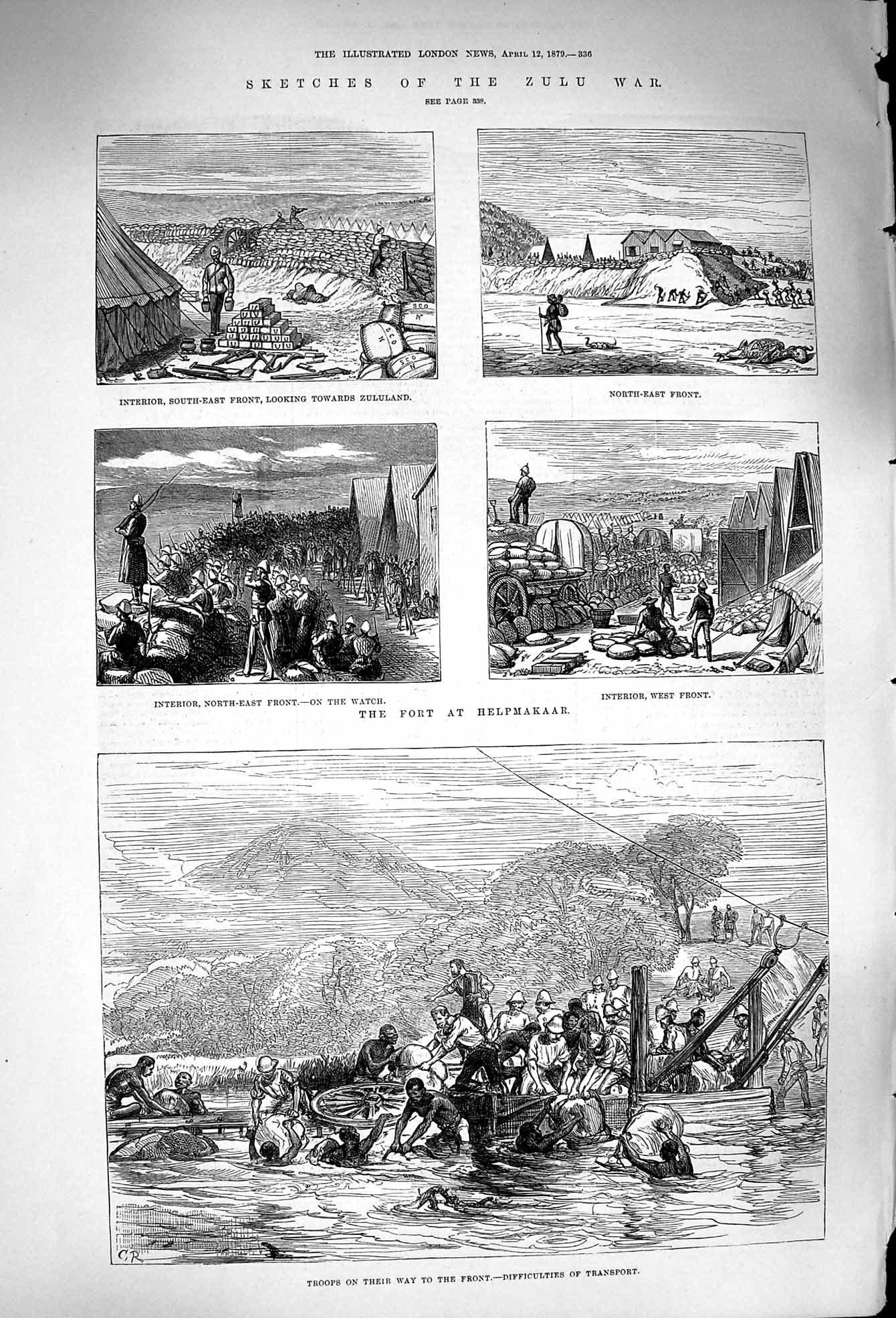 Original Old Antique Print 1879 Zulu War Siers River Transport Fort Helpmakaar