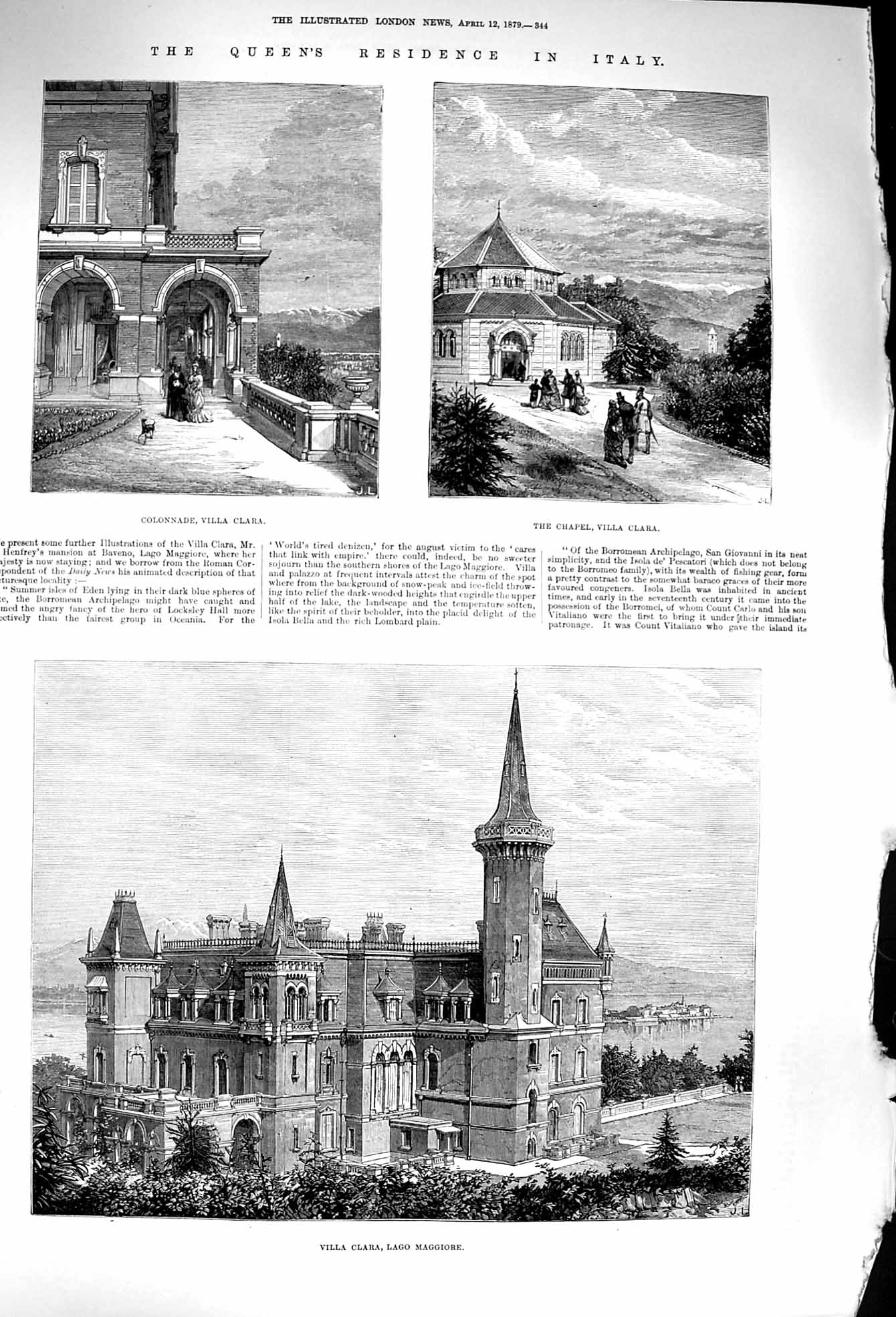 Old Antique Print 1879 Colonnade Villa Clara Chapel Lago Maggiore Italy 19th