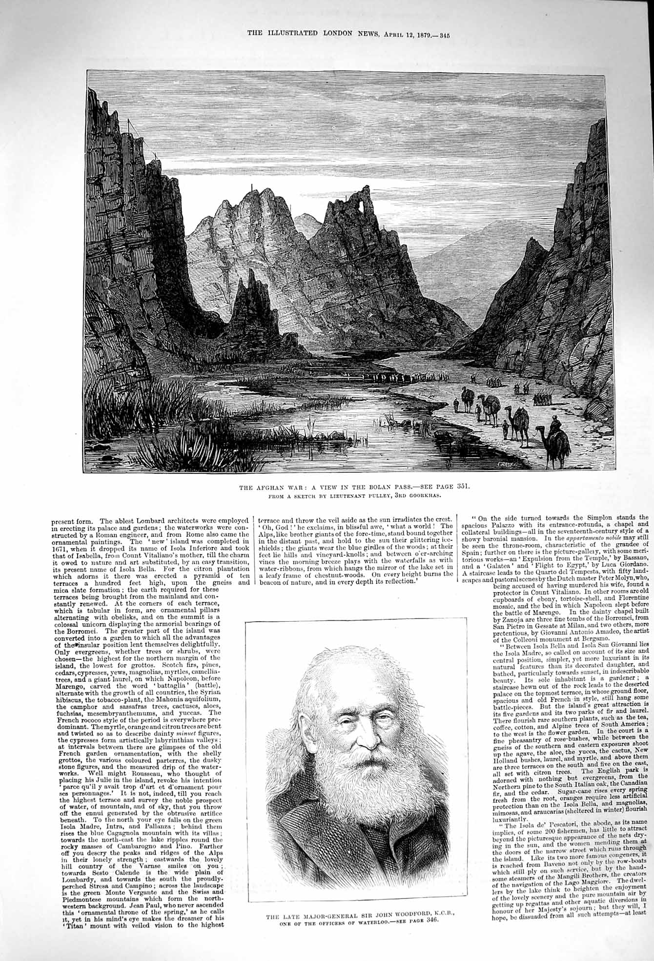 Old Antique Print 1879 Afghan War Bolan Pass Major-General John Woodford 19th