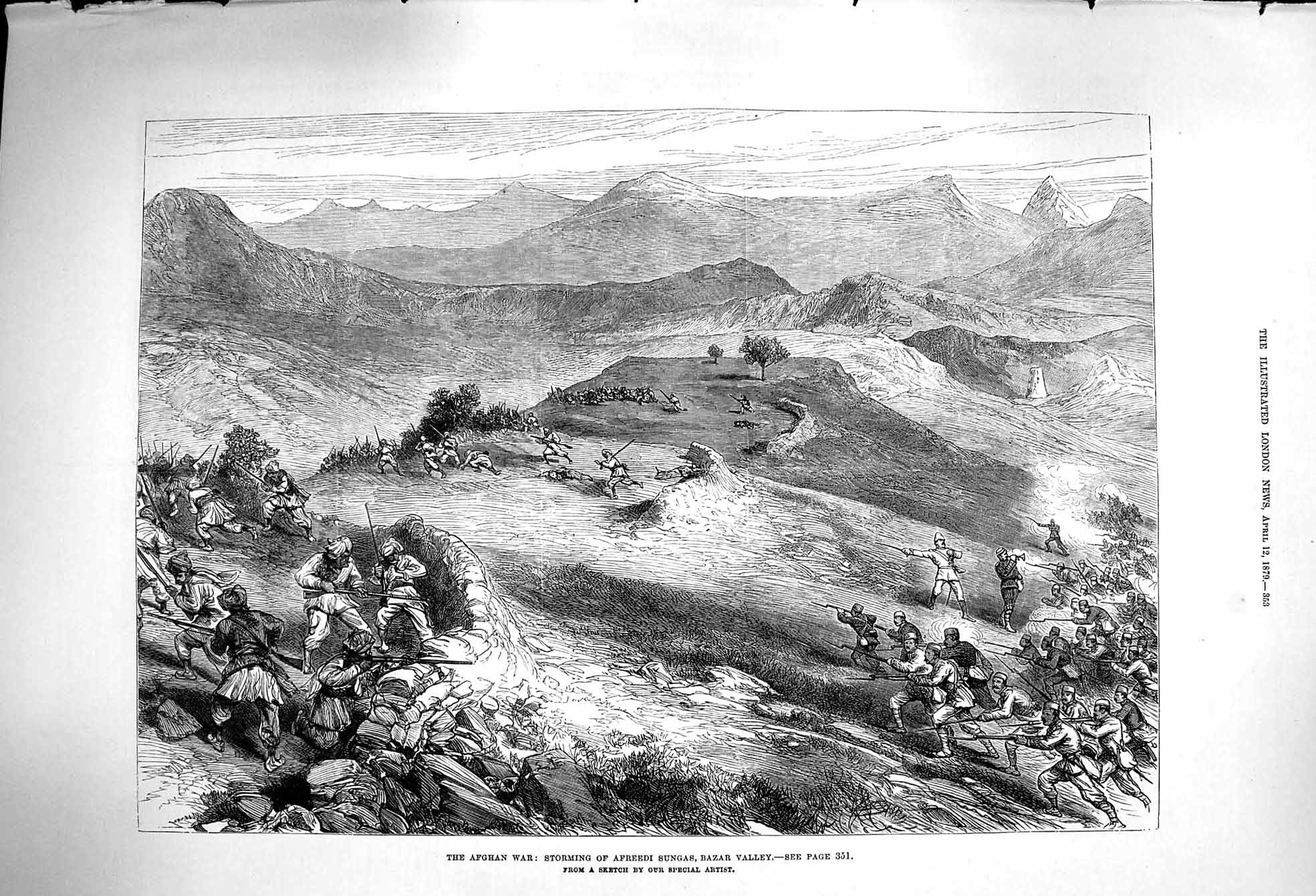 Original Old Antique Print 1879 Afghan War Storming Afreedi Sungas Bazar Valley