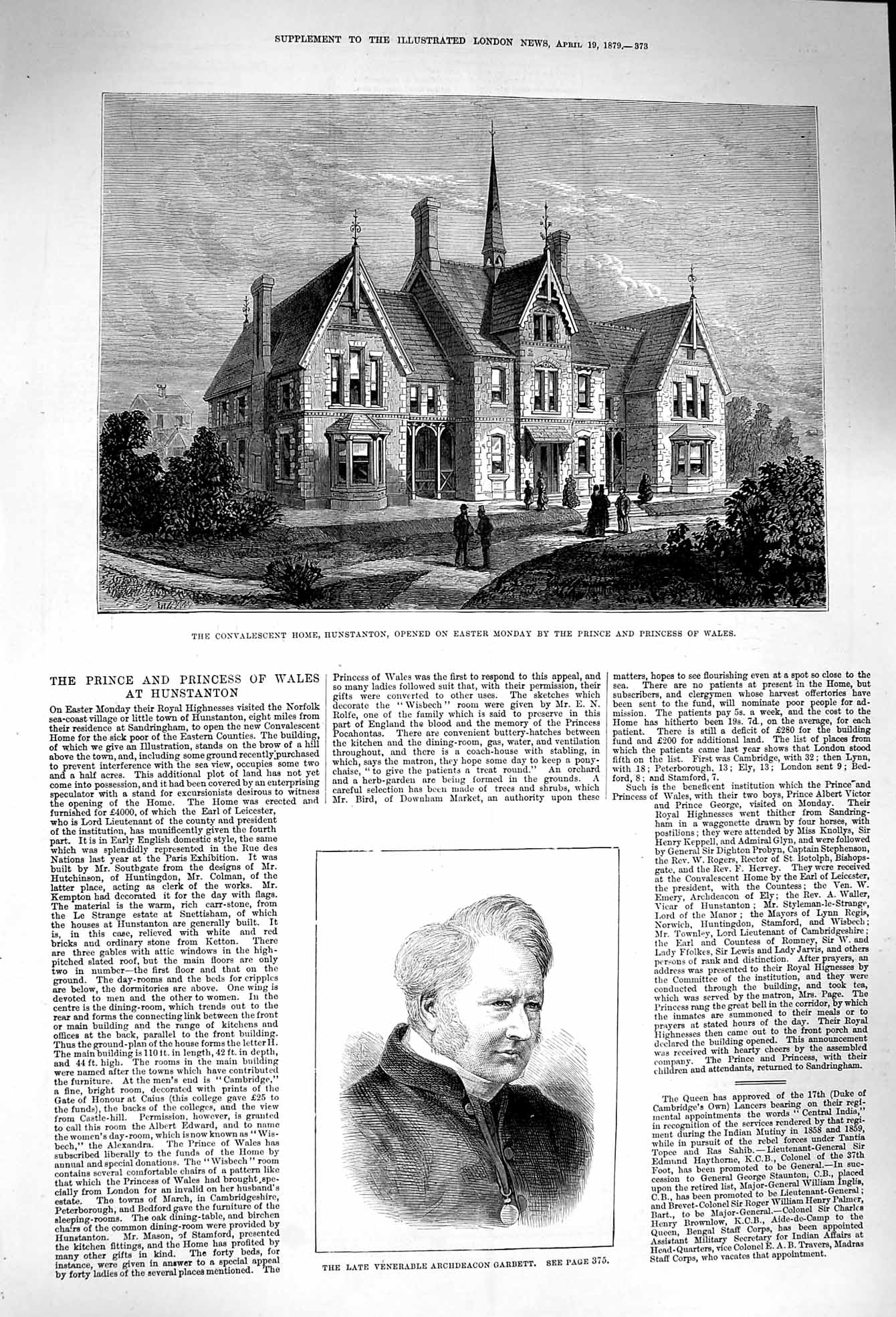 Antique Old Print *3256 1879 Archdeacon Garbett Convalescent Home Hunstanton