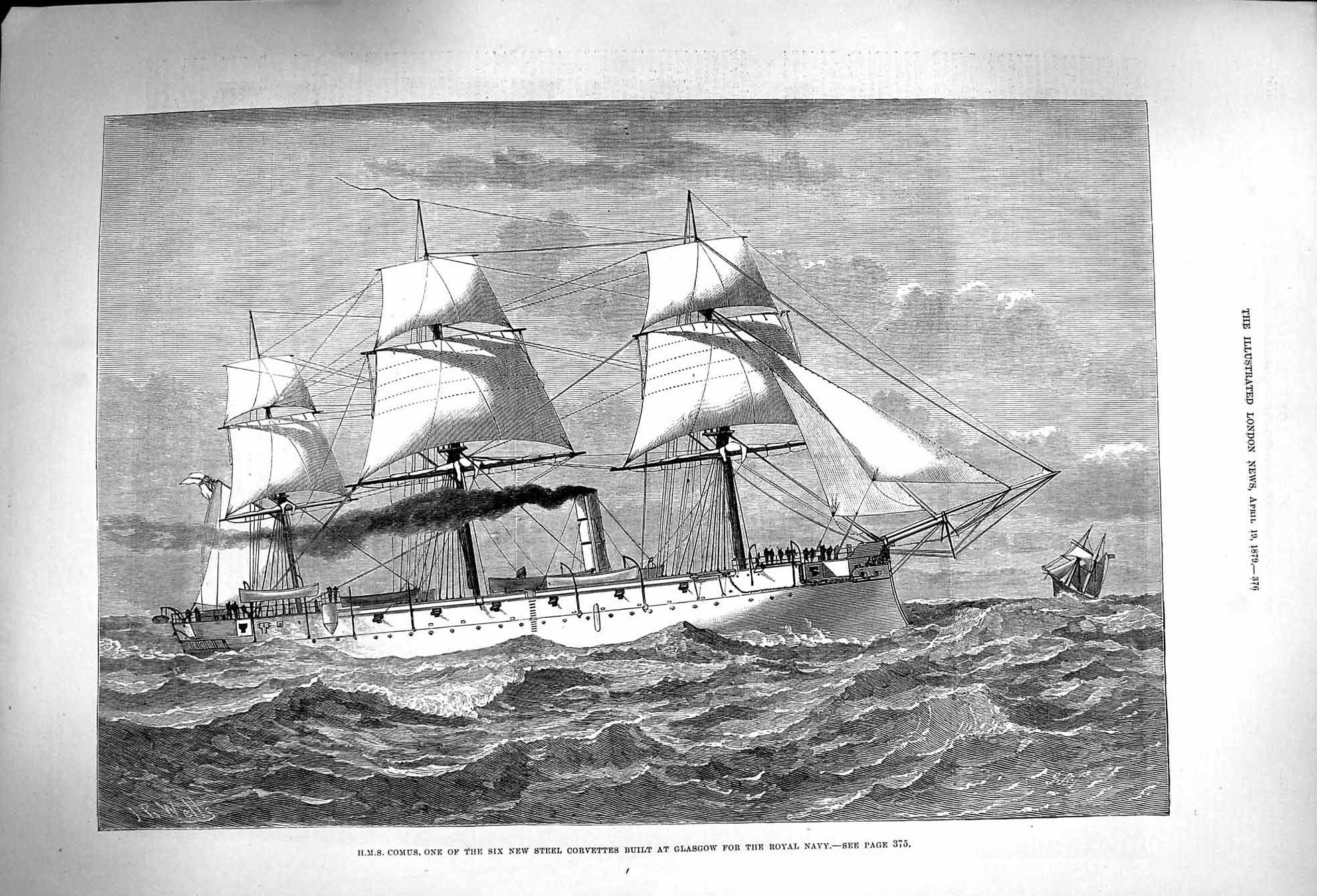 Original Old Antique Print 1879 Ship H.M.S. Comus Steel Corvette Glasgow Navy