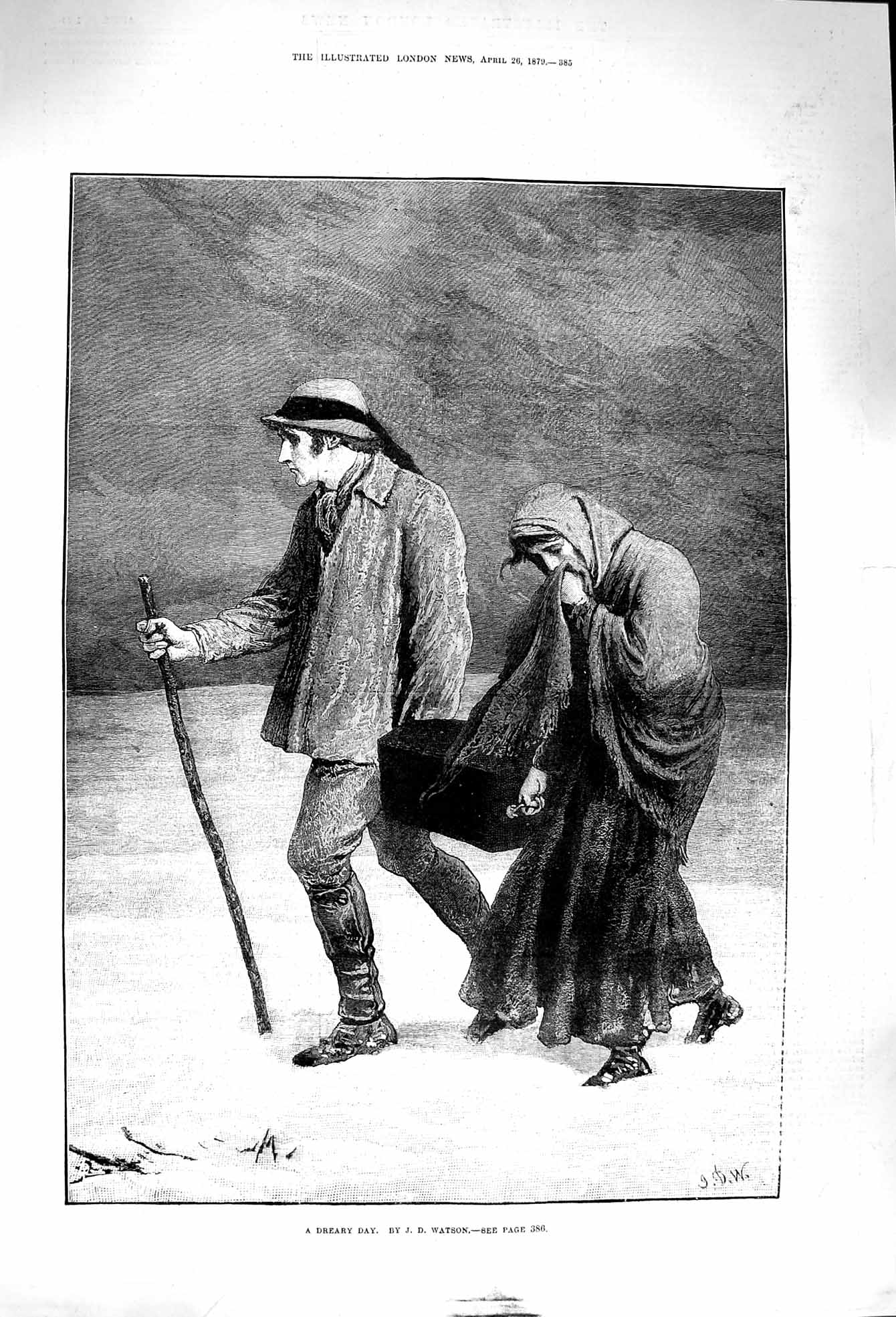 Original Old Antique Print 1879 Dreary Day Man Woman Coffin Watson Fine Art