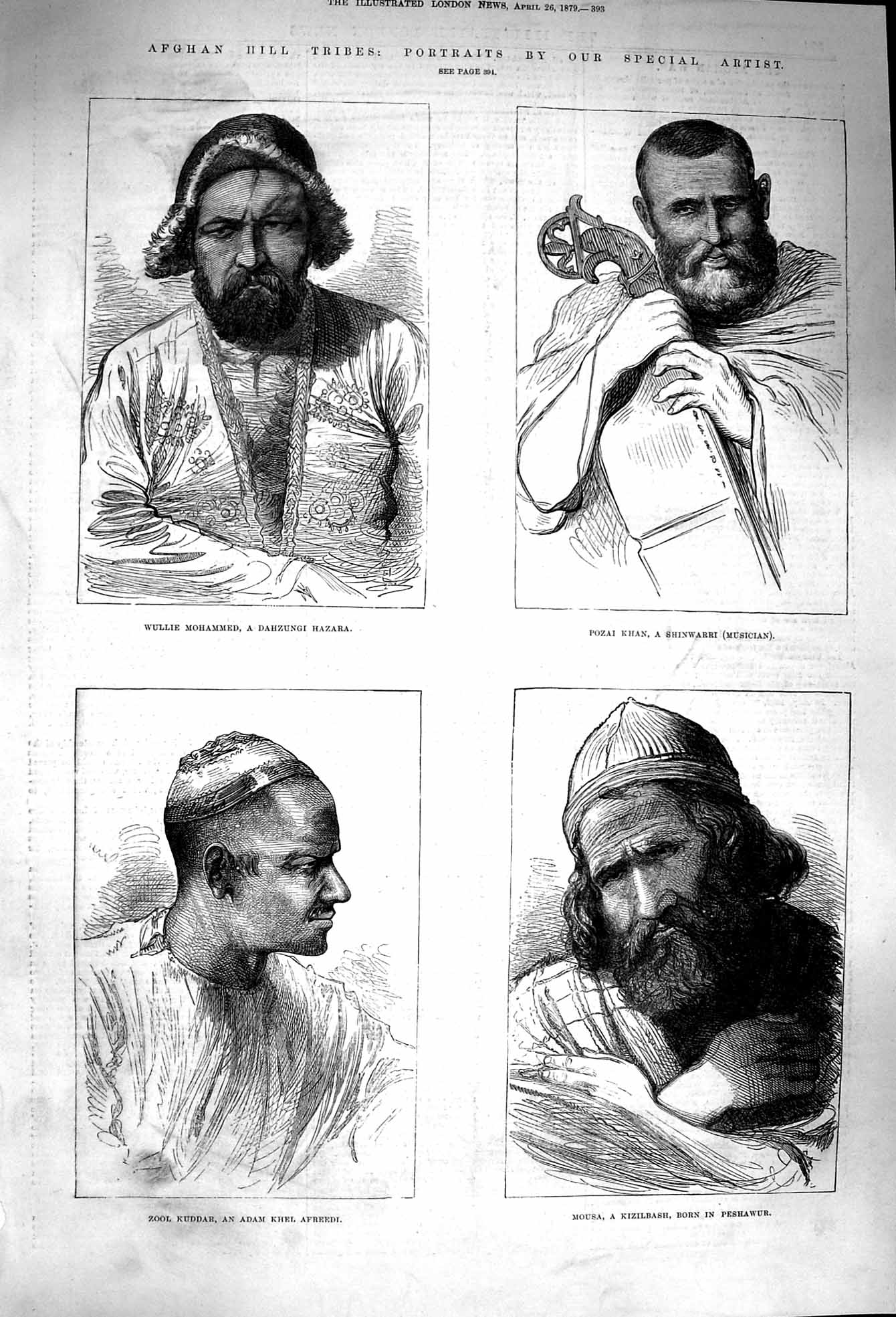 Old Antique Print 1879 Afghan Hill Tribes Hazara Shinwarri Kizilbash Khel 19th