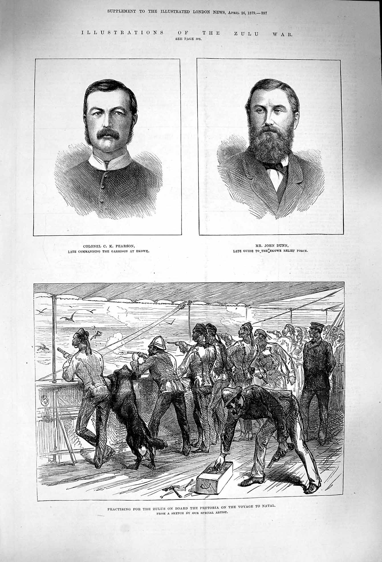 Original Old Antique Print 1879 Zulu War Pearson Dunn Deck Ship Pretoria Natal
