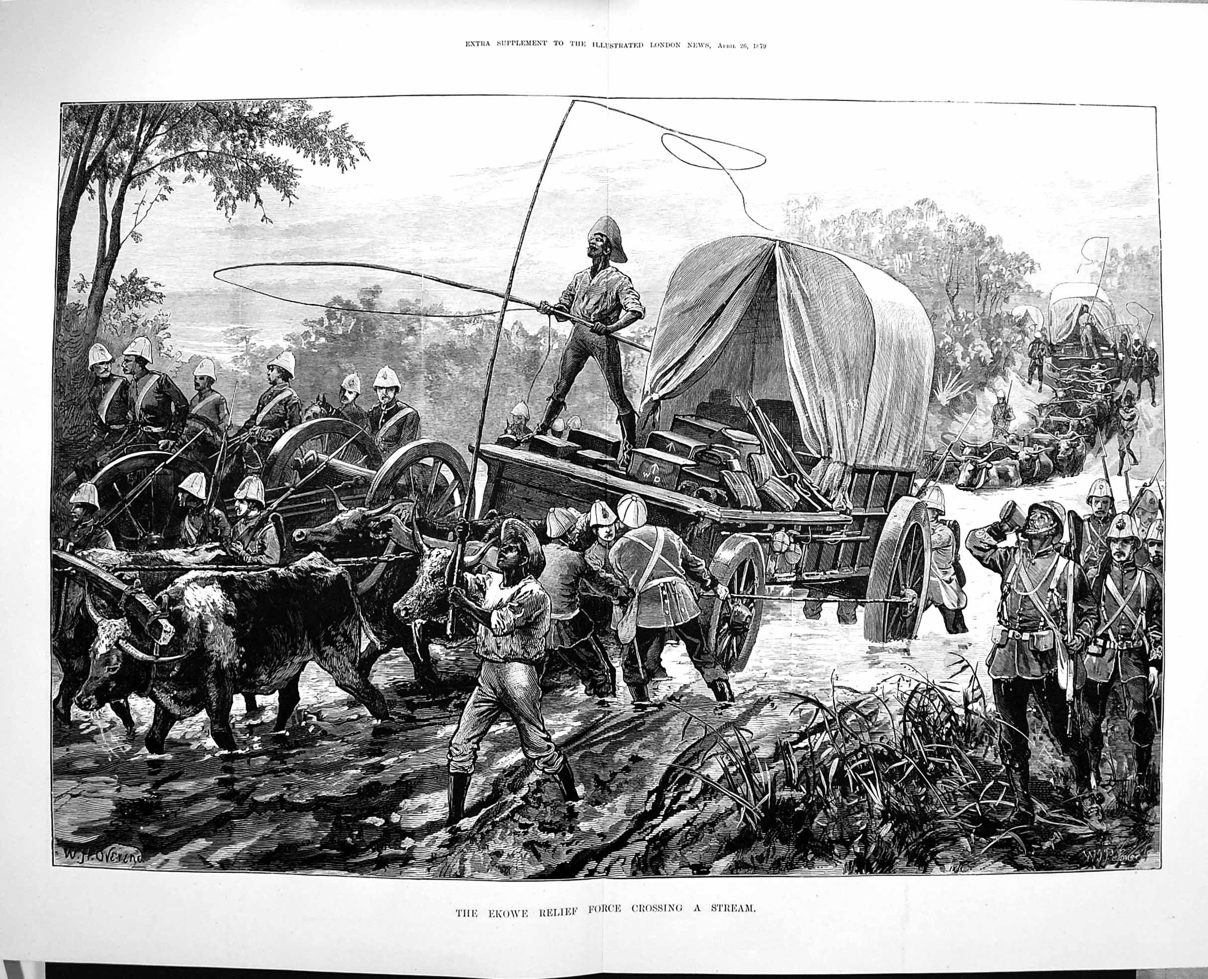Old Antique Print 1879 Ekowe Relief Force Crossing Stream Siers Waggon 19th