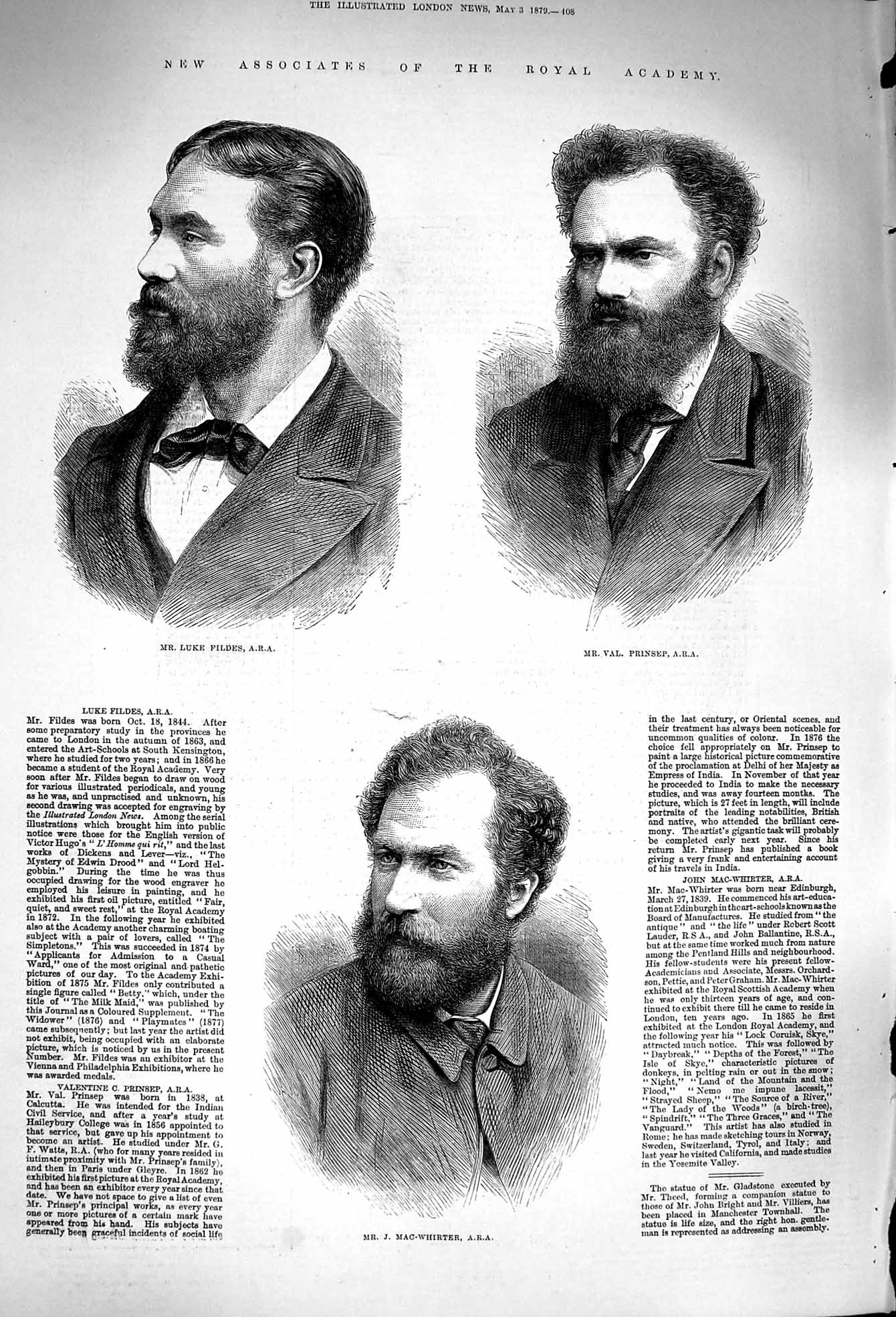 Original Old Antique Print 1879 Royal Academy Fildes Prinsep Mac-Whirter L 19th