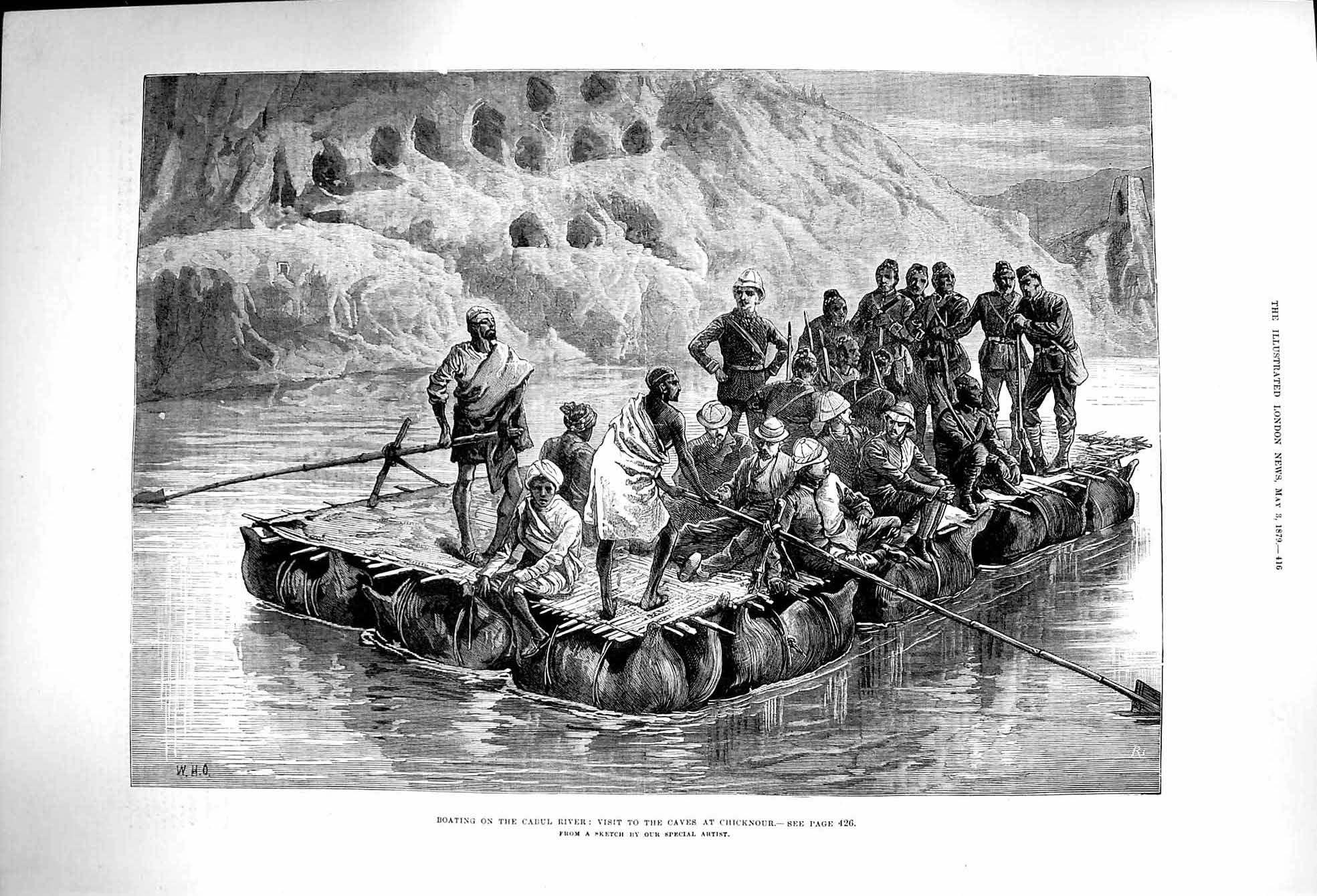 Original Old Antique Print 1879 Boating Cabul River Caves Chicknour Siers War