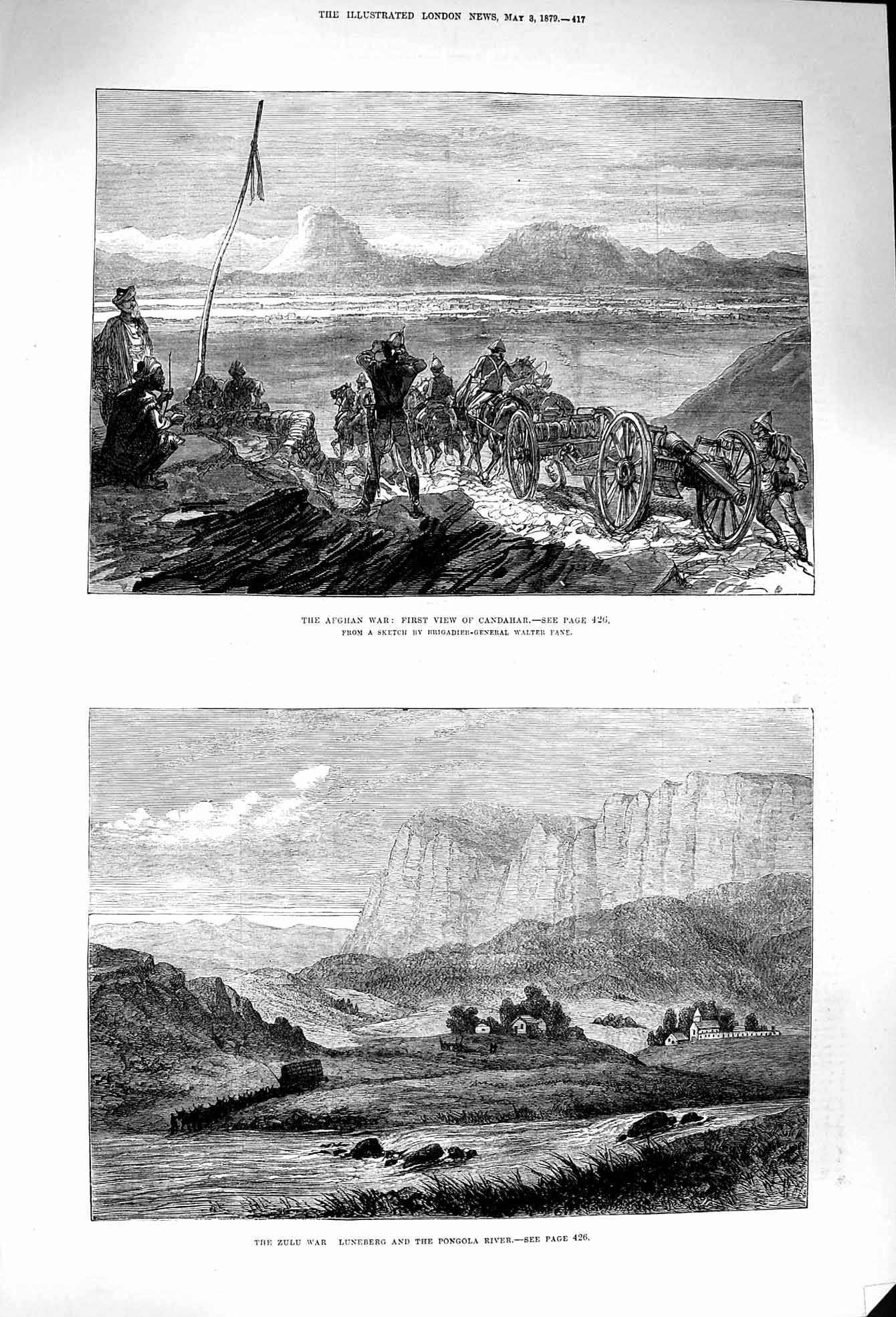 Original Old Antique Print 1879 Afghan War Candahar Luneberg Pongola River Army
