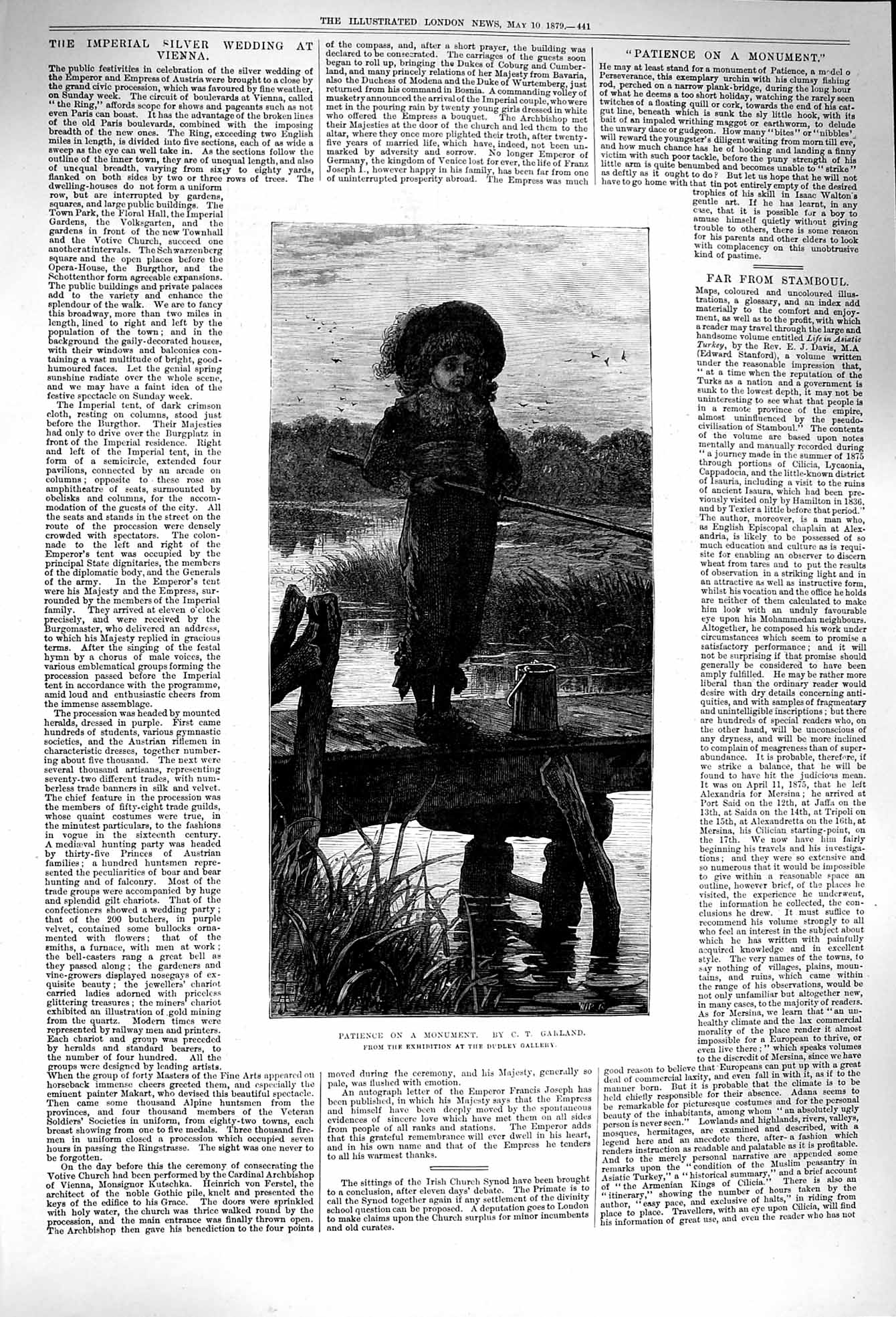 Original Old Antique Print 1879 Patience Monument Little Boy Fishing Pier River