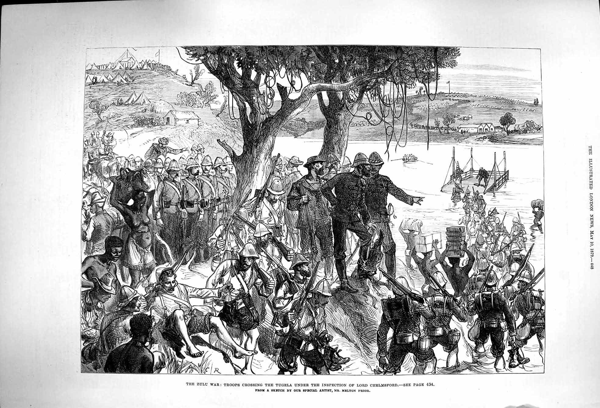 Original Old Antique Print 1879 Zulu War Siers Tugela River Lord Chelmsford