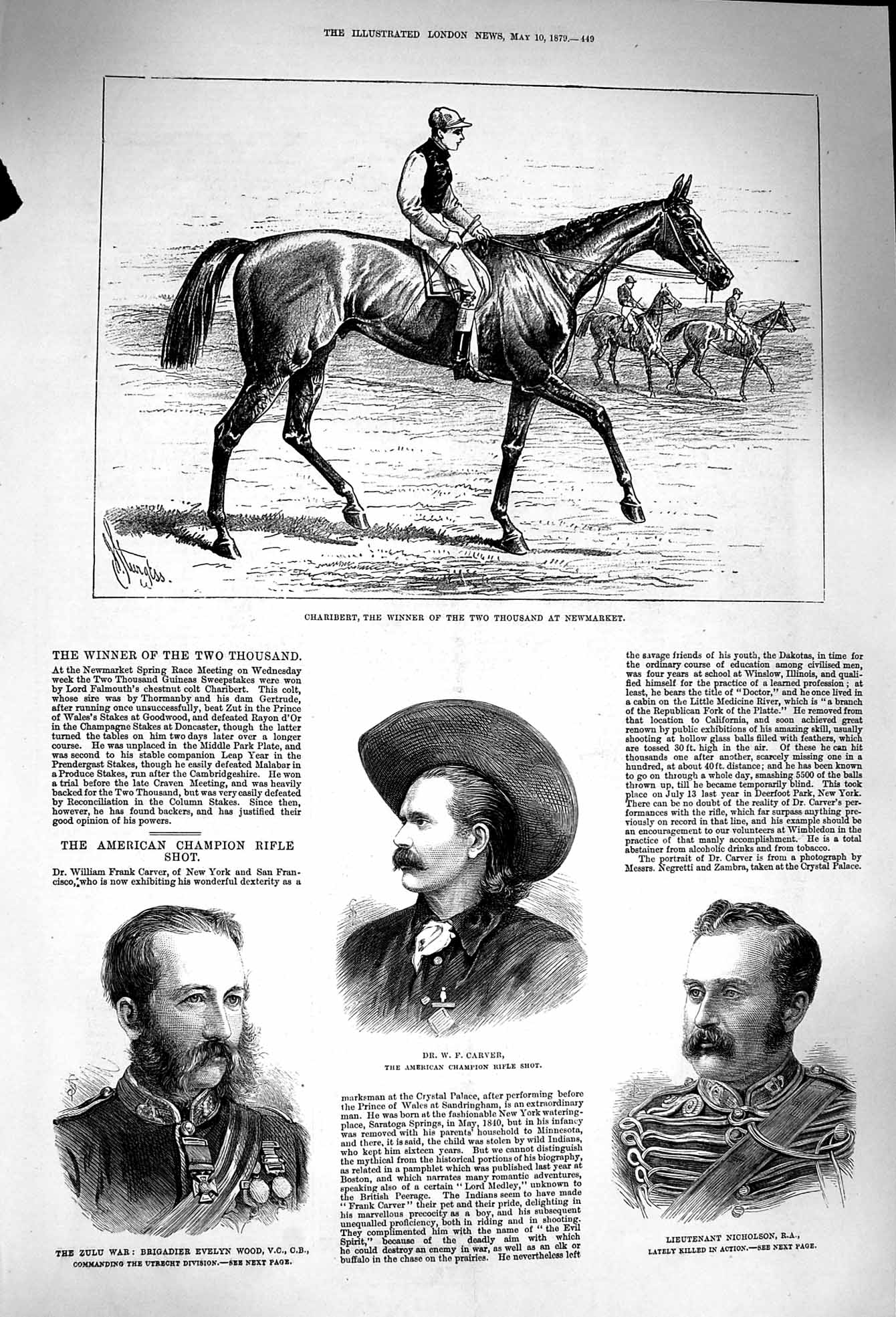 Original Old Antique Print 1879 Charibert Horse Newmarket Carver Nicholson Wood